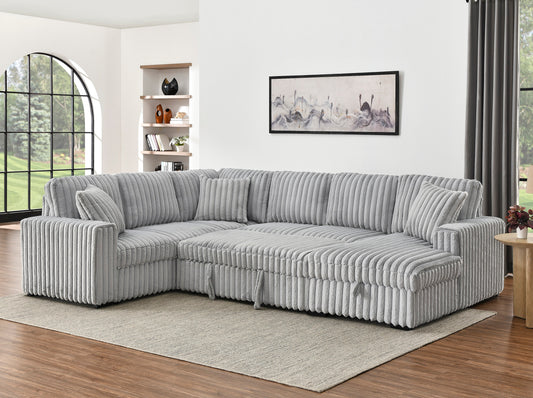 Plush grey corduroy sectional sofa with multiple accent pillows perfect for living room comfort