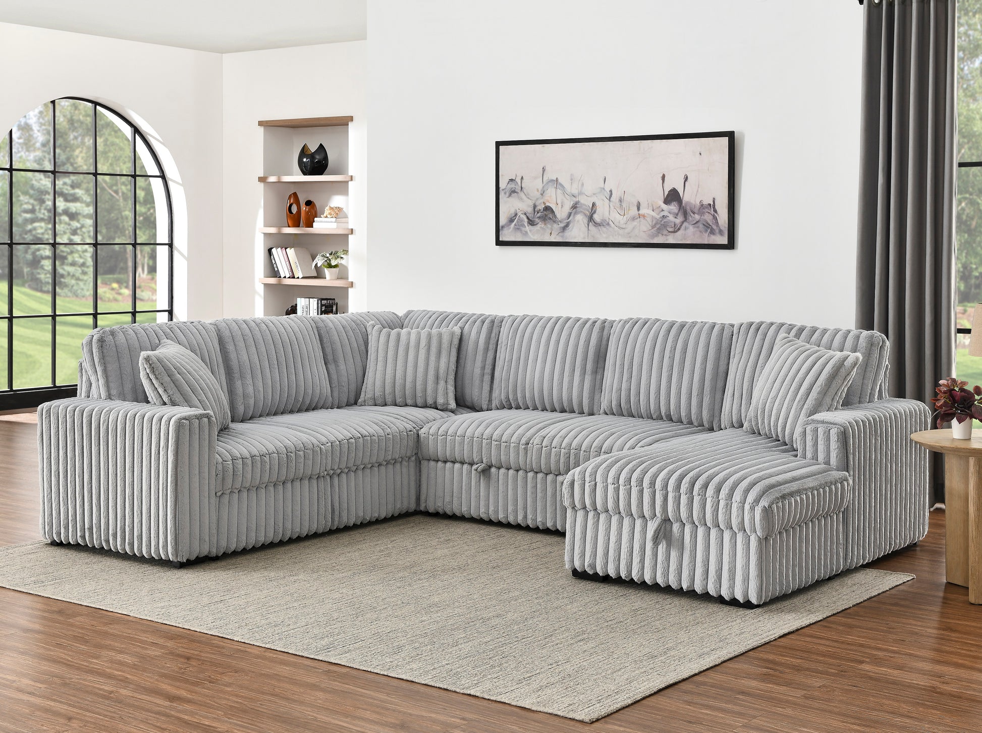 Light grey corduroy sectional sofa with plush cushions ideal for living rooms