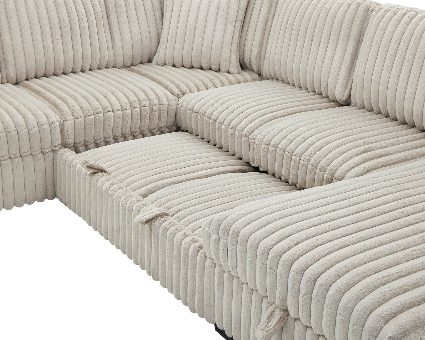 Plush beige corduroy sectional sofa with deep seating and soft pillows for ultimate comfort
