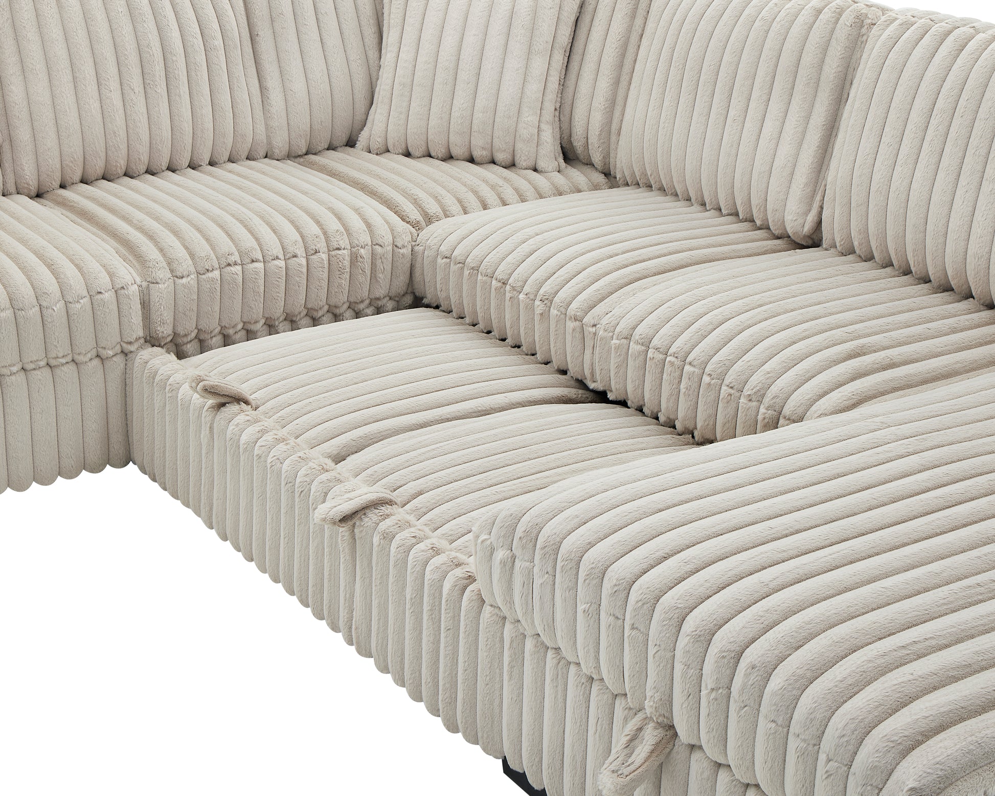 Plush beige corduroy sectional sofa with deep seating and soft pillows for ultimate comfort