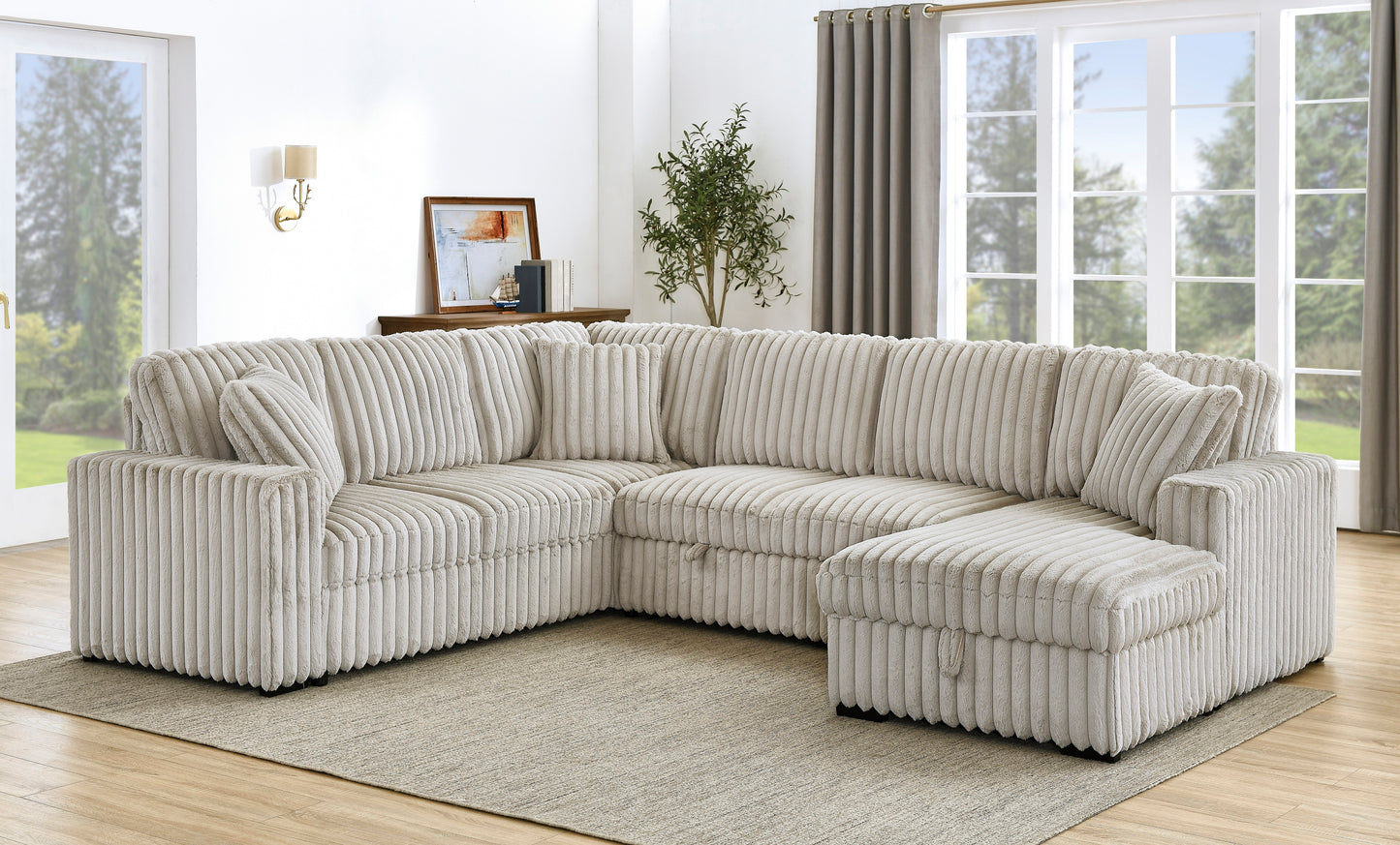 Plush light beige corduroy sectional sofa with storage ottomans and throw pillows