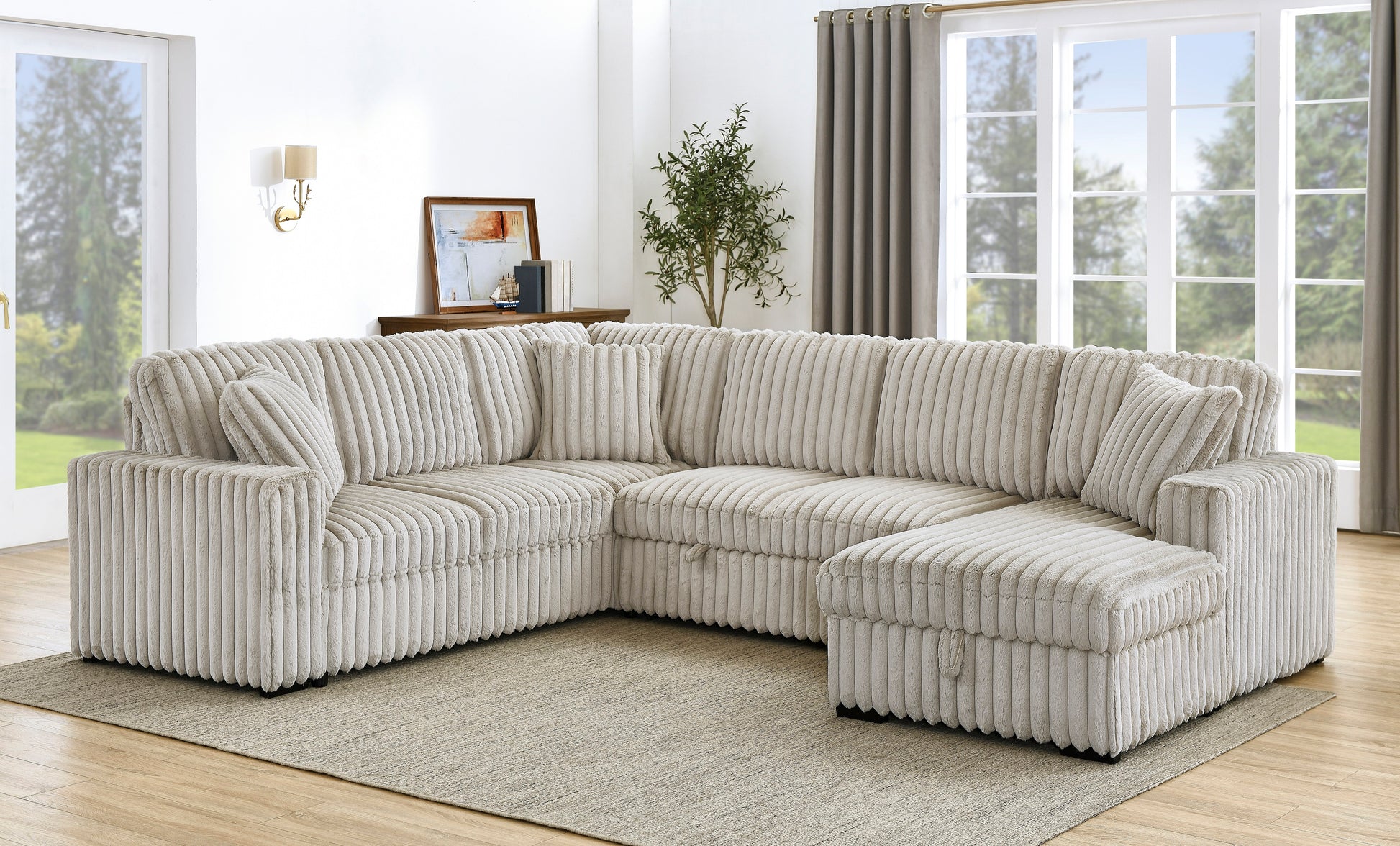 Plush light beige corduroy sectional sofa with storage ottomans and throw pillows