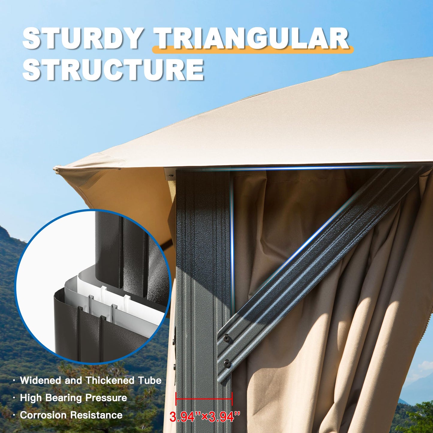 Tan gazebo frame with wide thick tubes and corrosionresistant metal supports