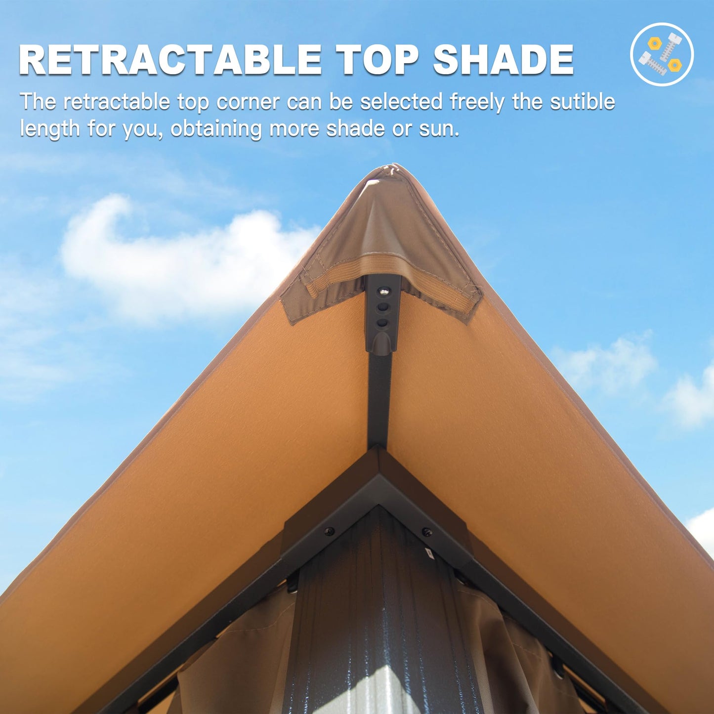 Tan fabric retractable canopy corner with dark metal frame