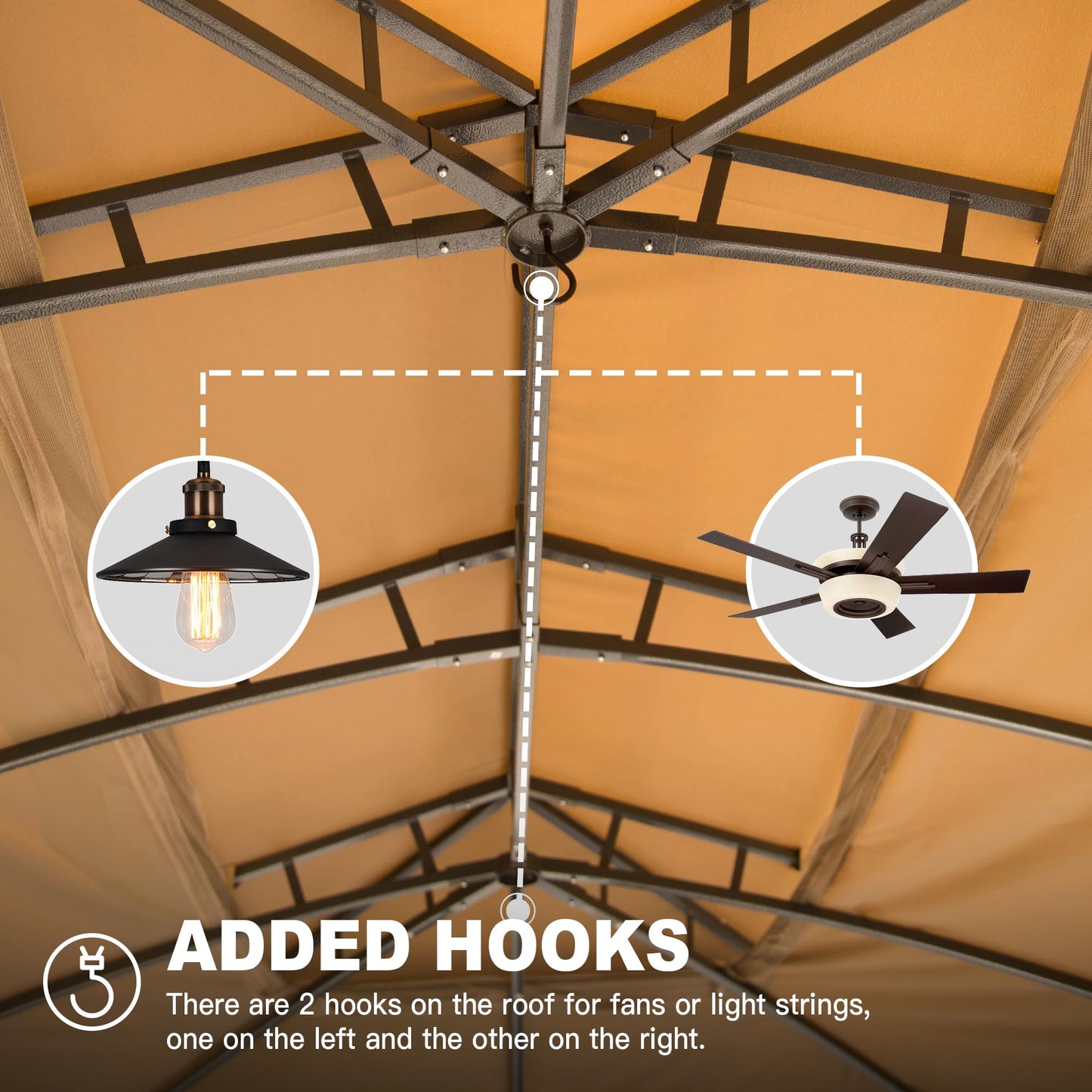 Dark bronze industrial pendant light with Edison bulb hangs from gazebo hook