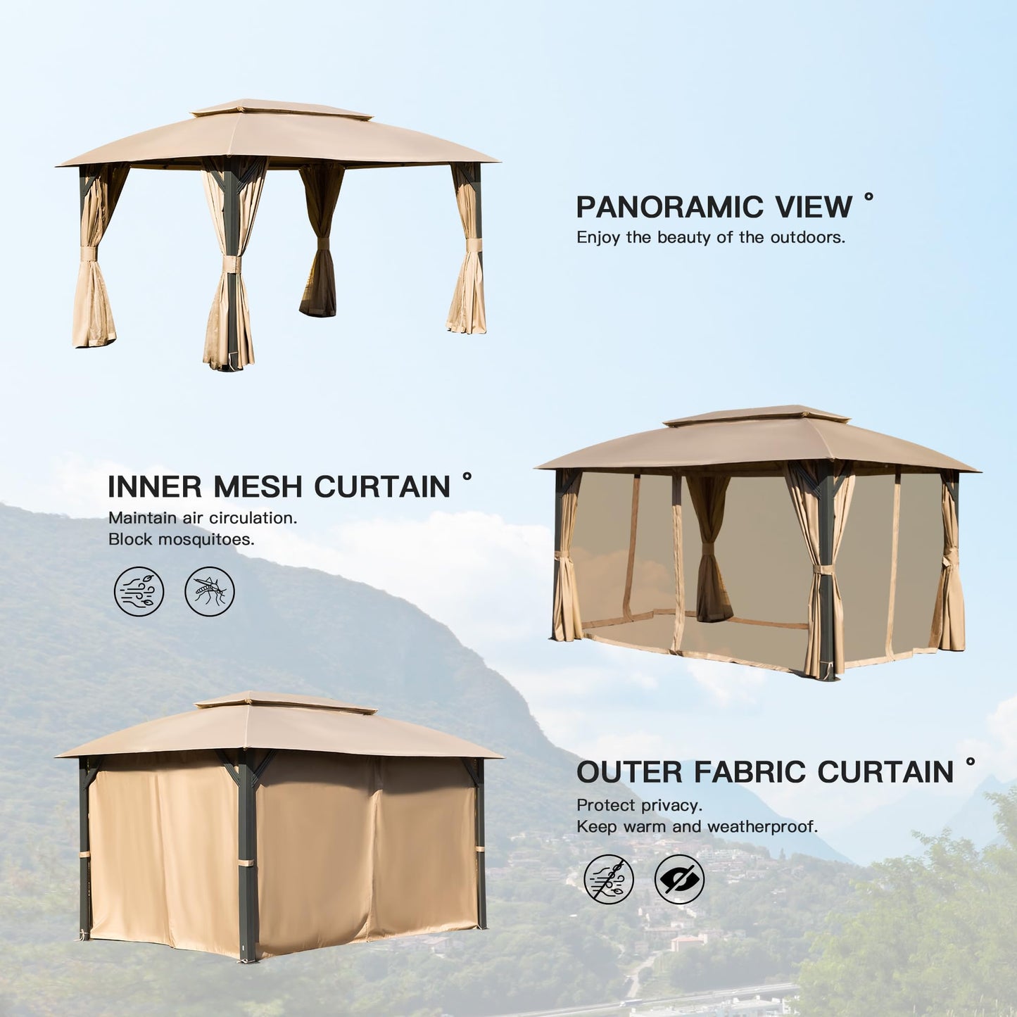 Tan outdoor gazebo with dualtier roof and decorative fabric curtains