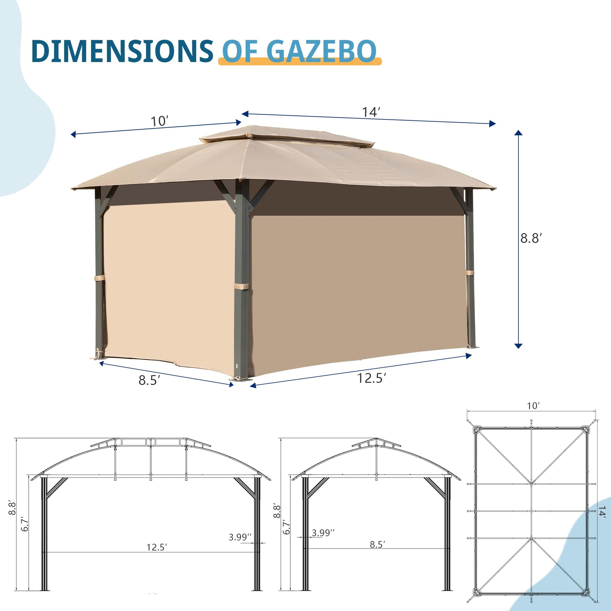 Tan xx ft doubletier backyard gazebo with side walls showing dimensions