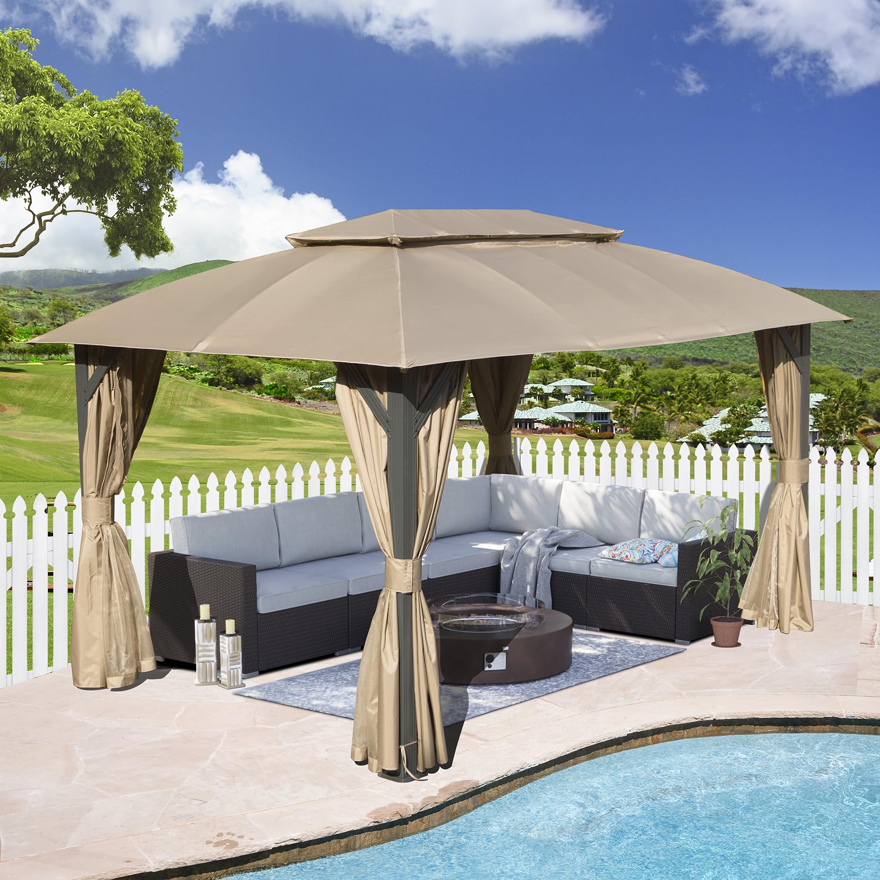 Large beige outdoor gazebo with taupe curtains housing a dark wicker sectional sofa and fire pit