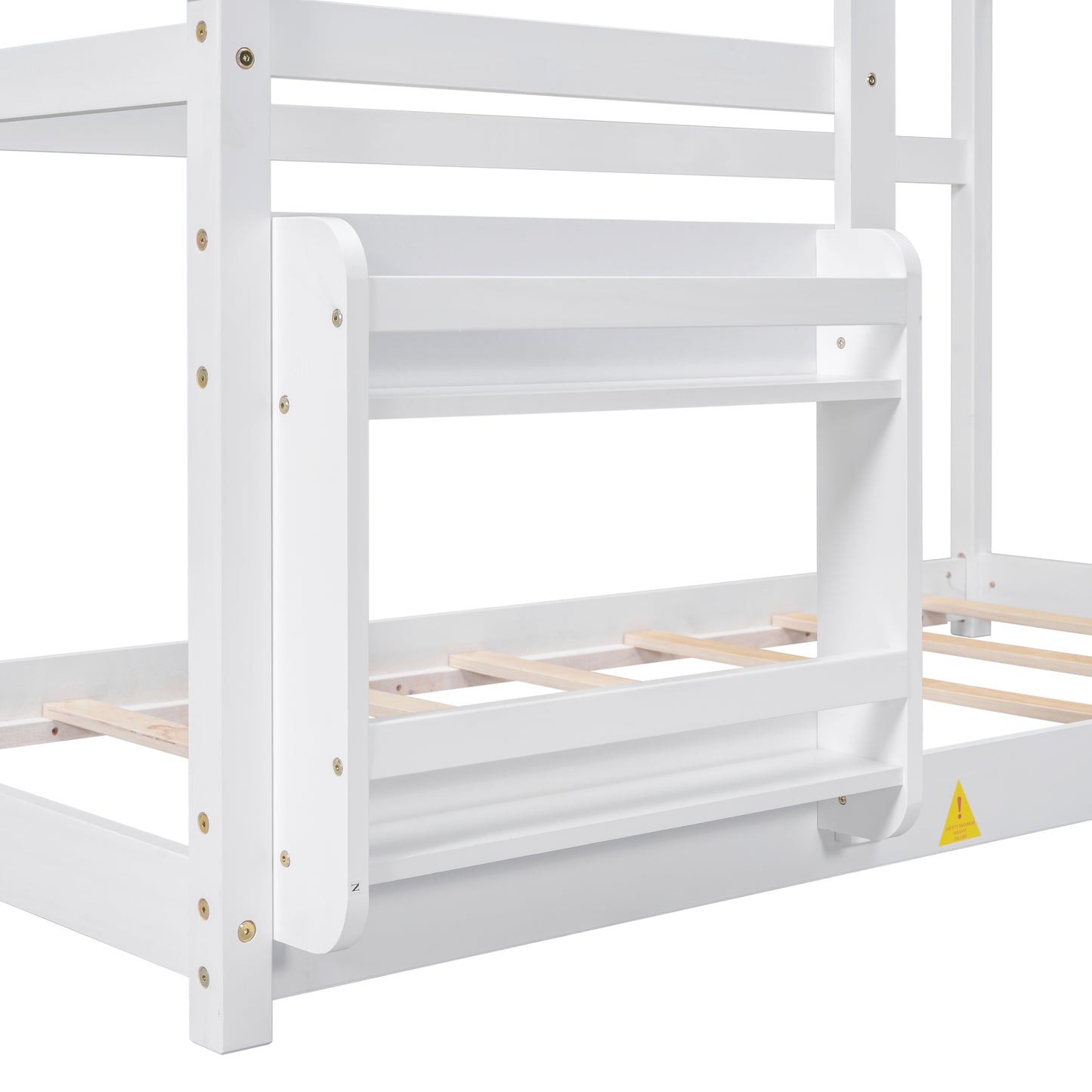 White wooden bunk bed frame detail