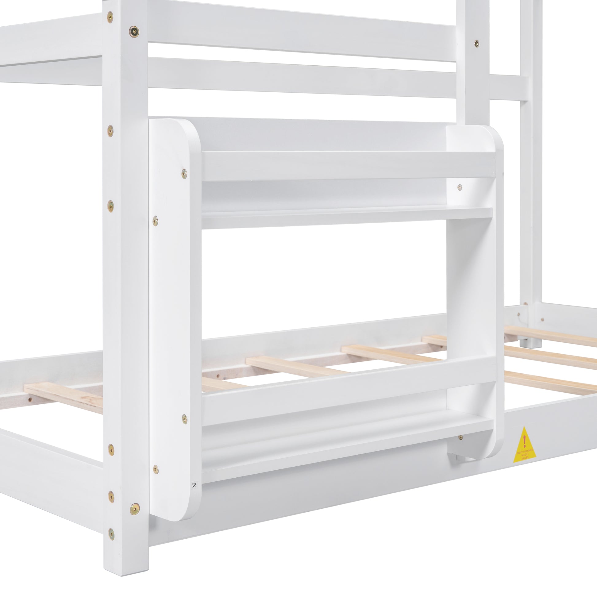White wooden bunk bed frame detail