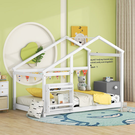White wooden house bed with shelf for kids bedroom