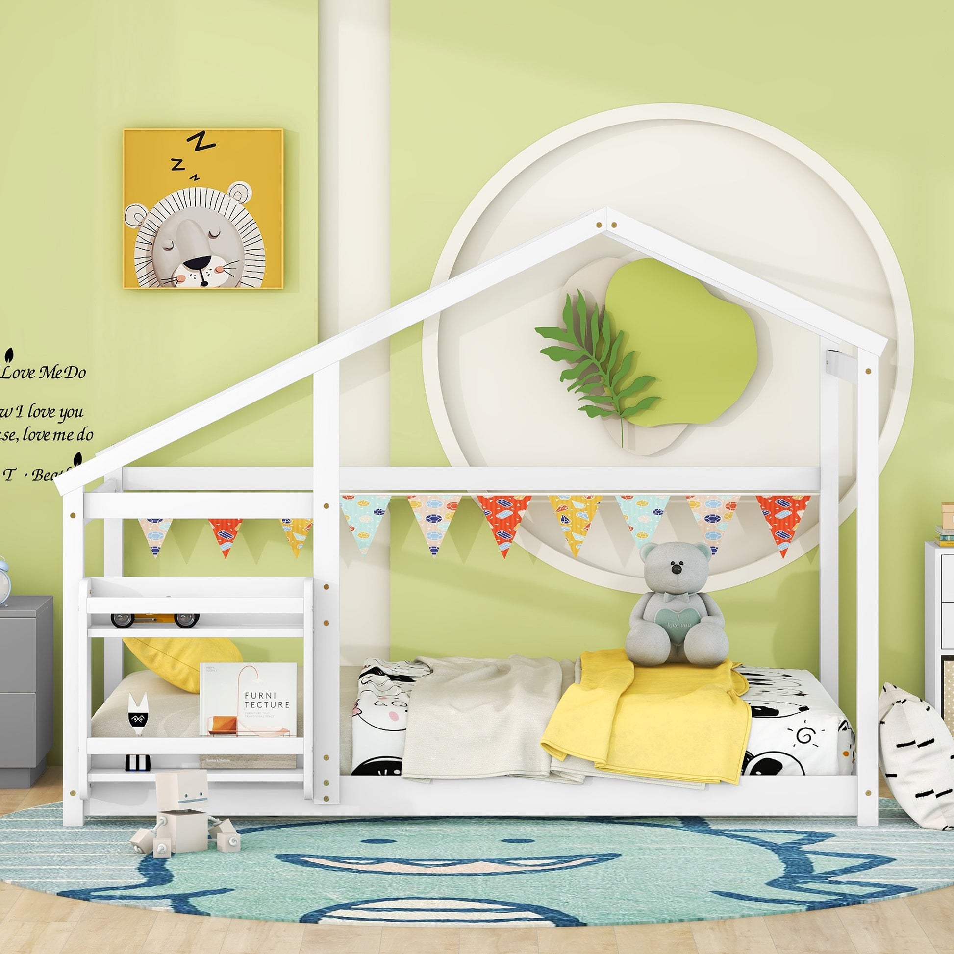 Wooden house bed frame with white finish and colorful bunting