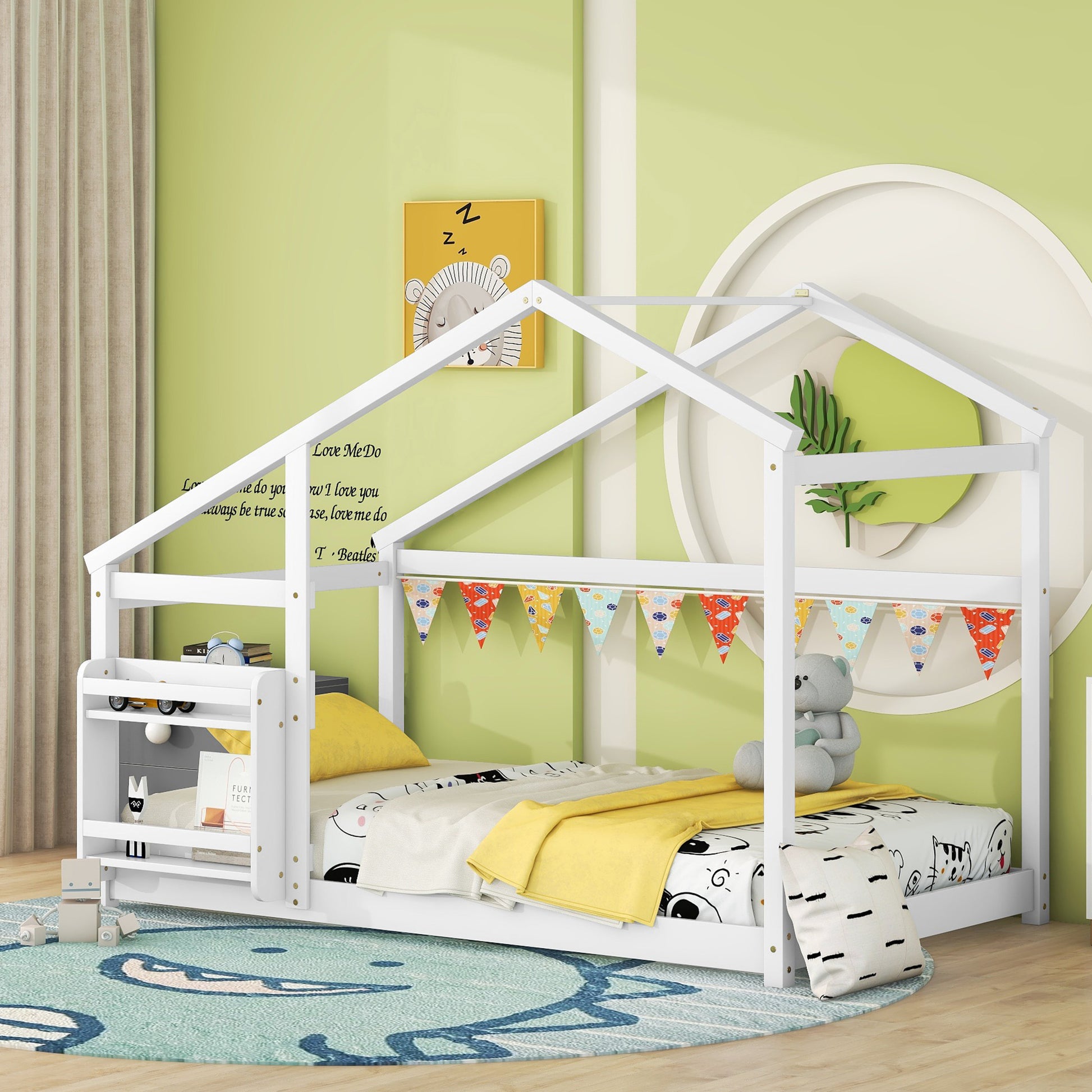 White wooden house bed with integrated shelves and playful bedding perfect for kids rooms