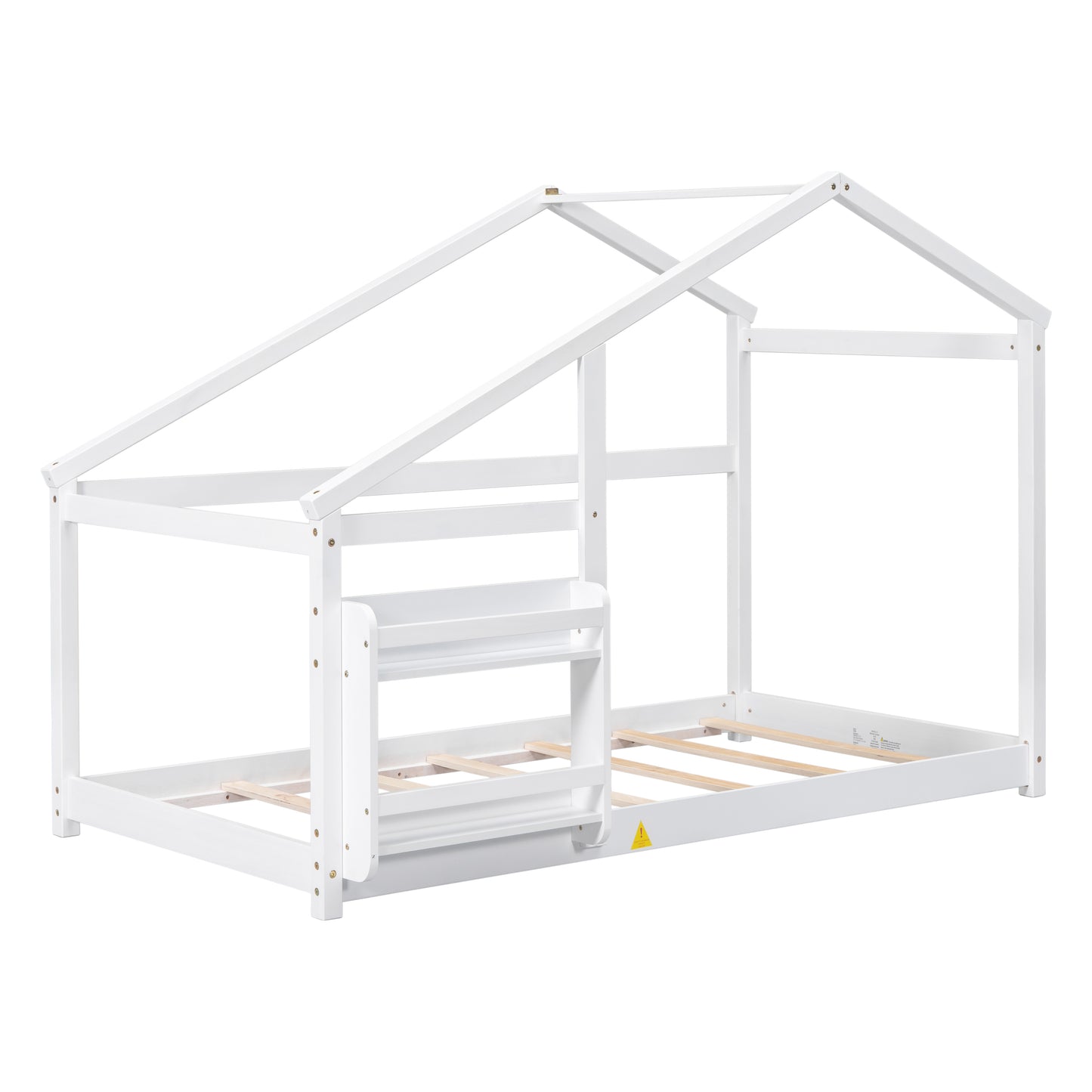 White wooden house bed frame with attached bookshelf