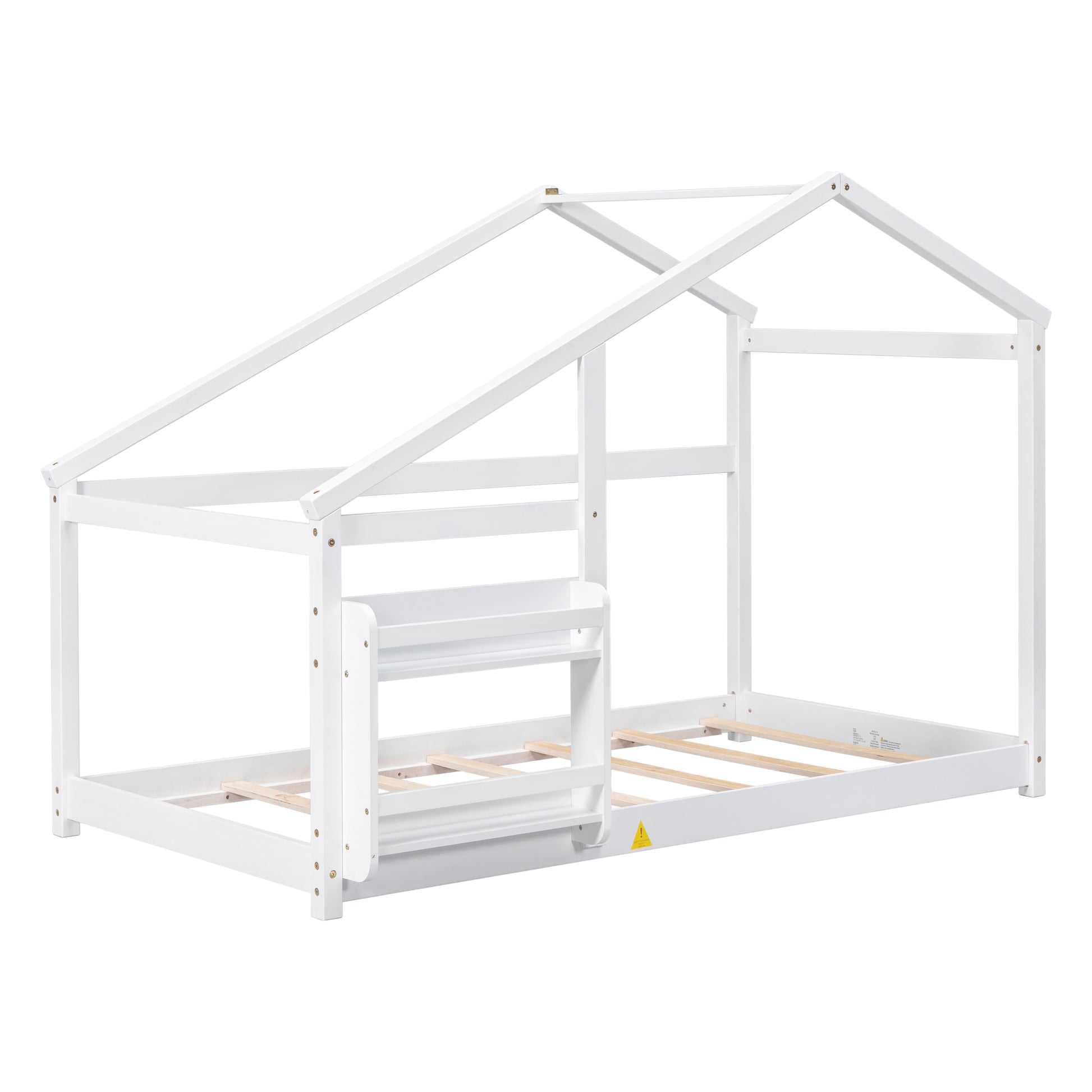 White wooden house bed frame with attached bookshelf