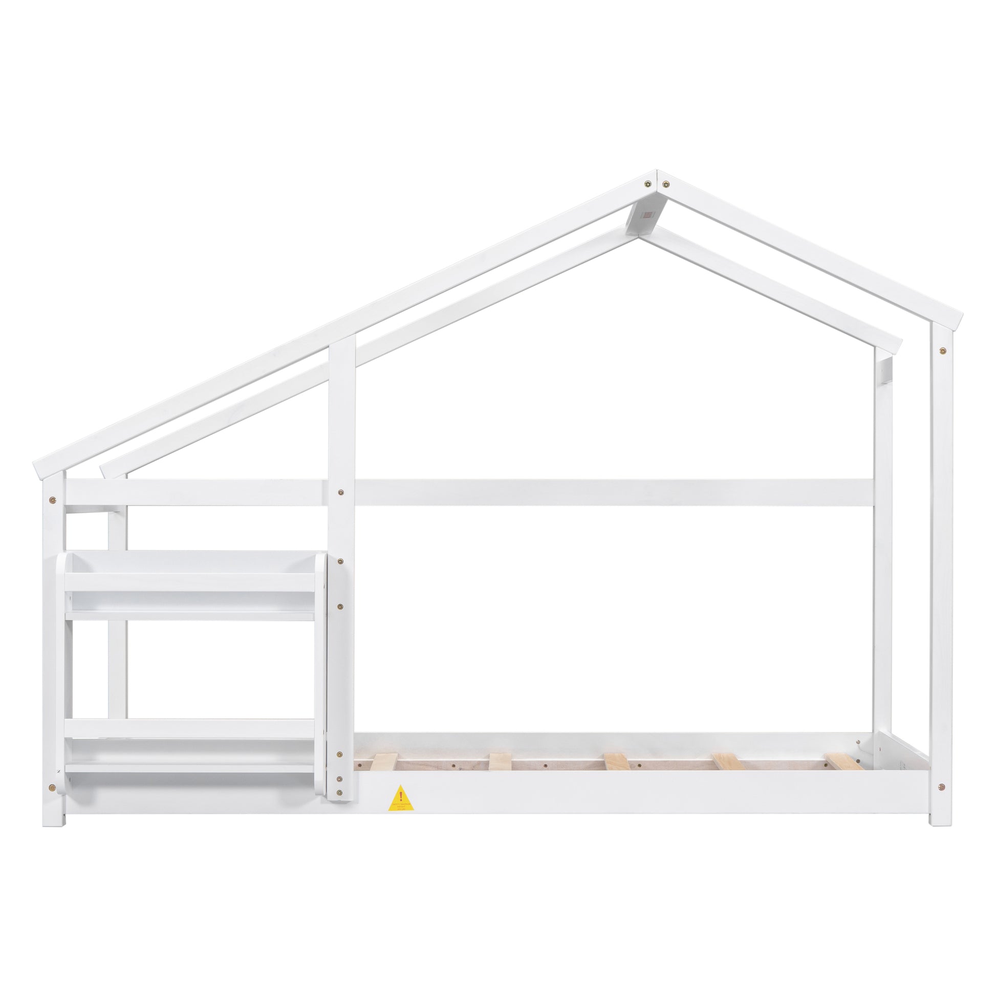 White wooden house bed frame with integrated shelves