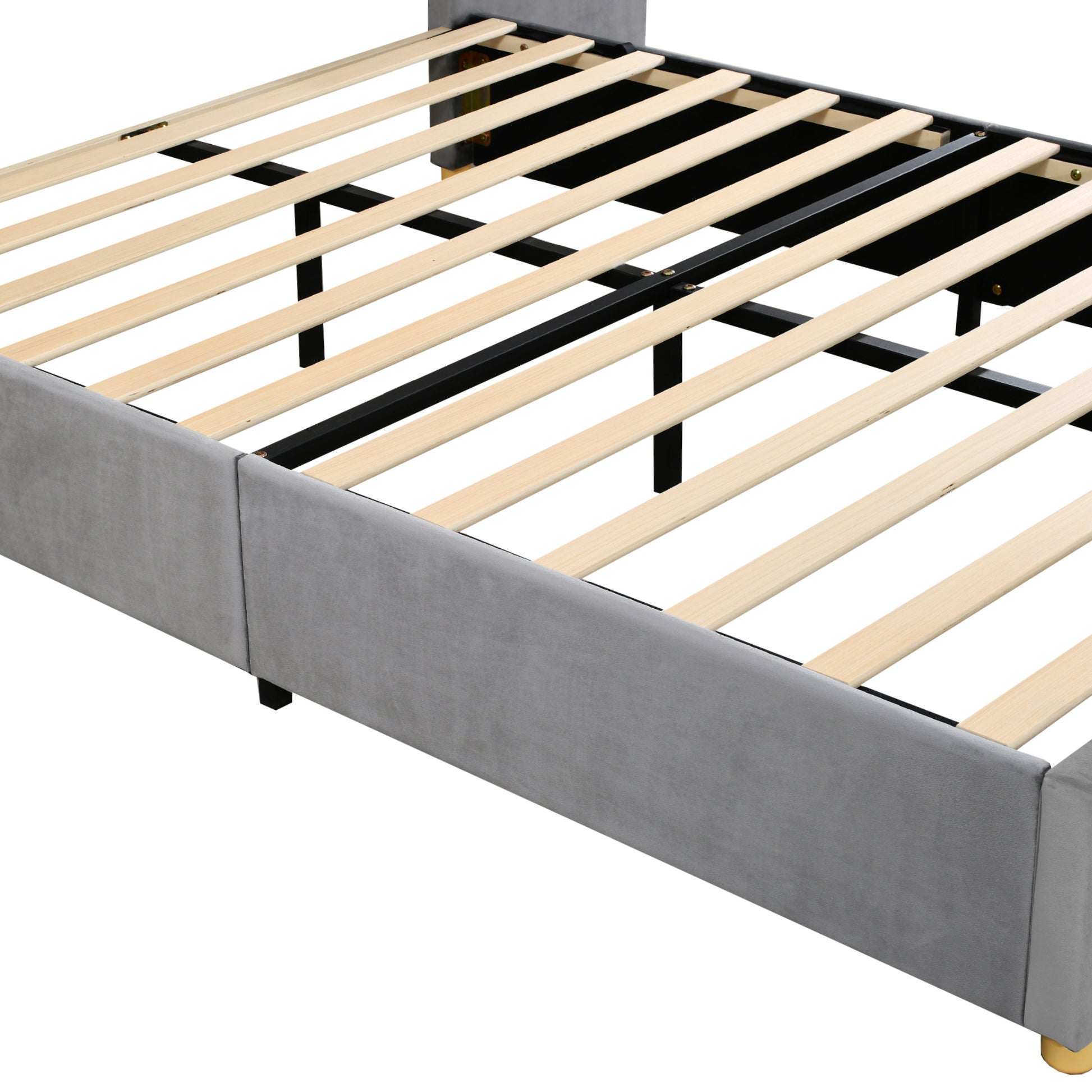 Gray upholstered platform bed frame with wooden slats and metal support
