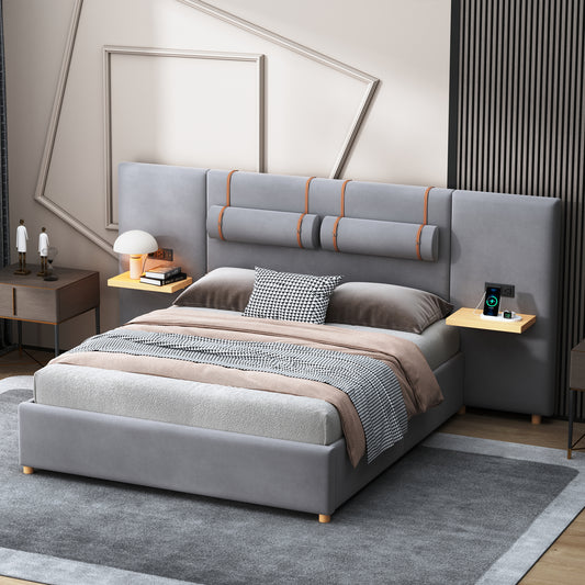 Upholstered grey modern bed with integrated charging station wood accent shelf and decorative pillows