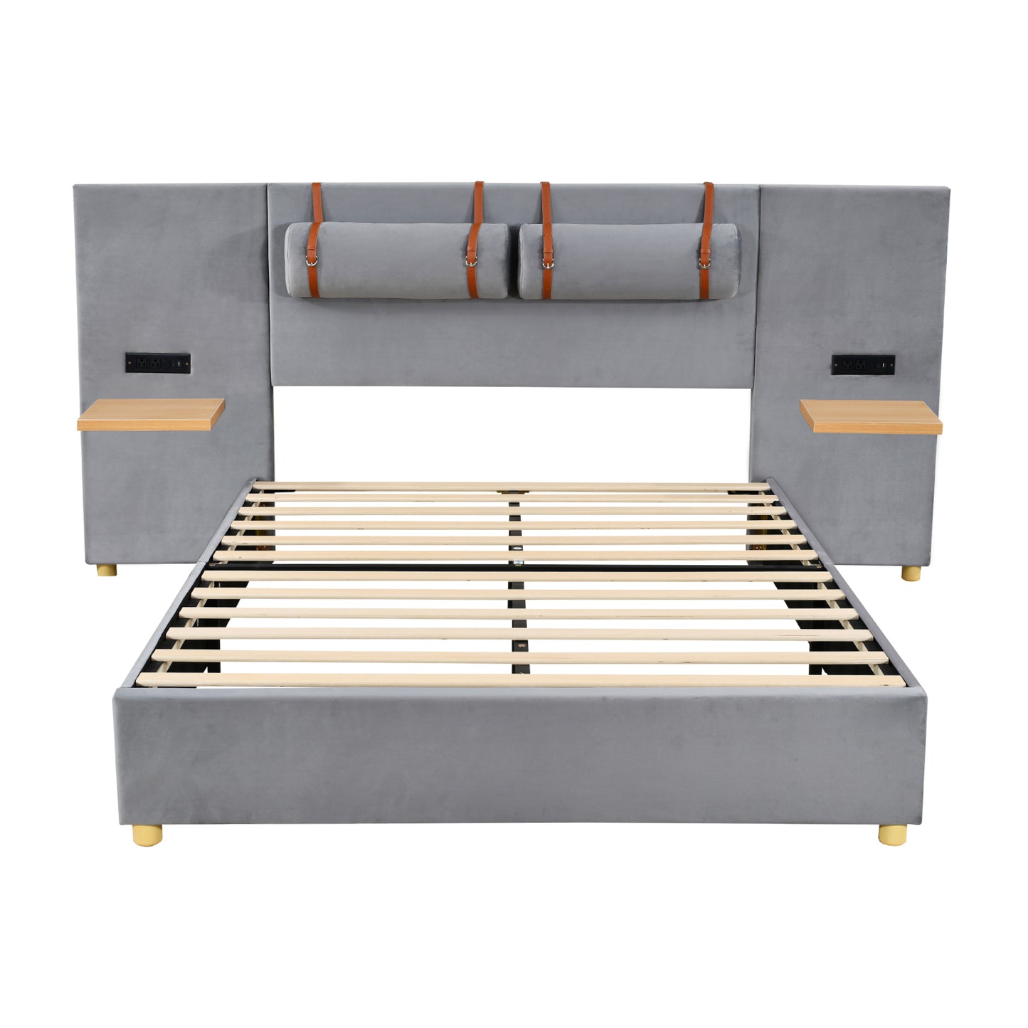 Modern grey velvet bed frame with builtin nightstands and charging ports