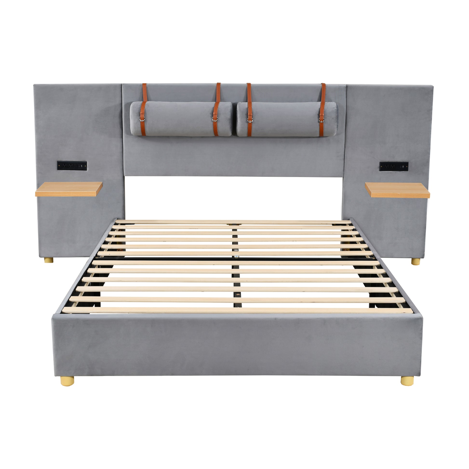 Modern grey velvet bed frame with builtin nightstands and charging ports