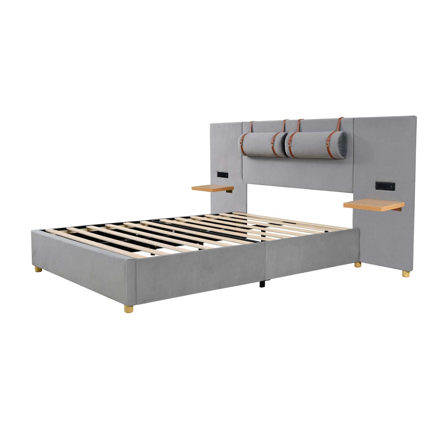 Grey upholstered modern platform bed with attached headboard and nightstands