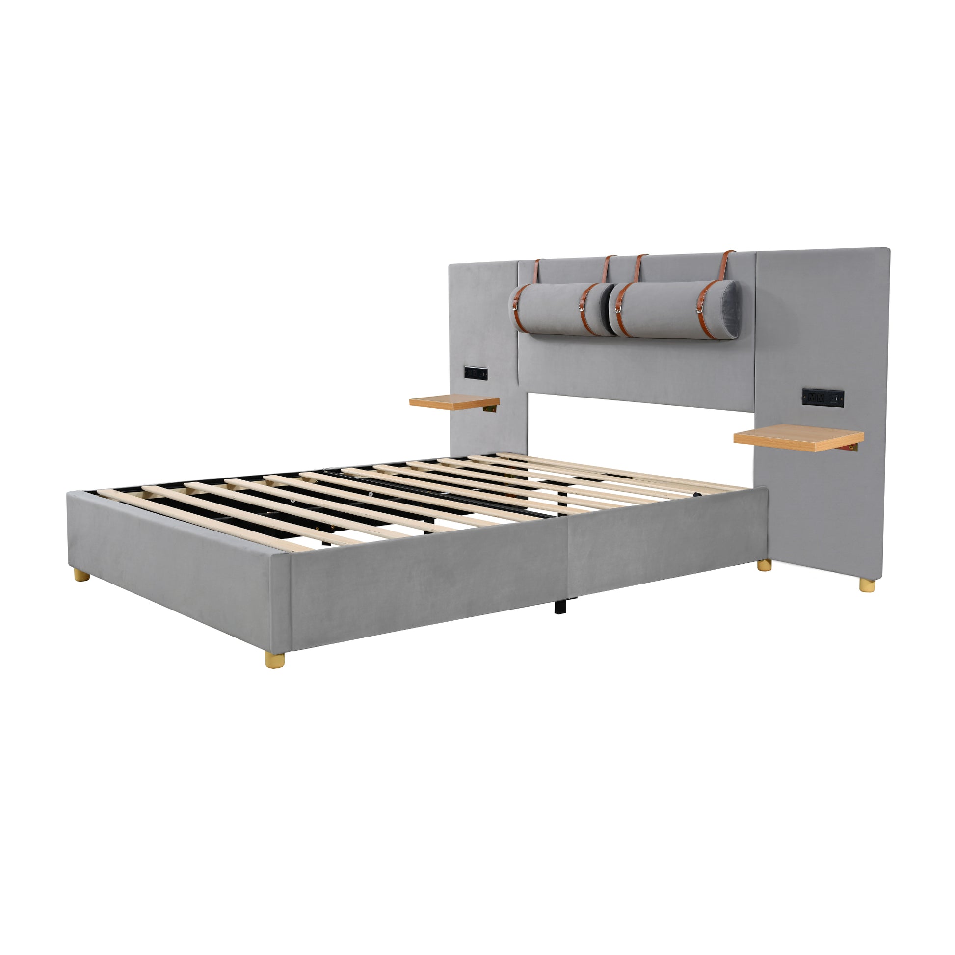 Grey upholstered modern platform bed with attached headboard and nightstands