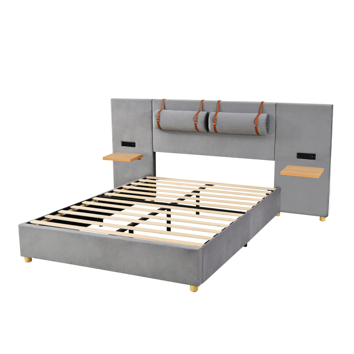 Gray velvet platform bed frame with wooden slats and two integrated nightstand shelves