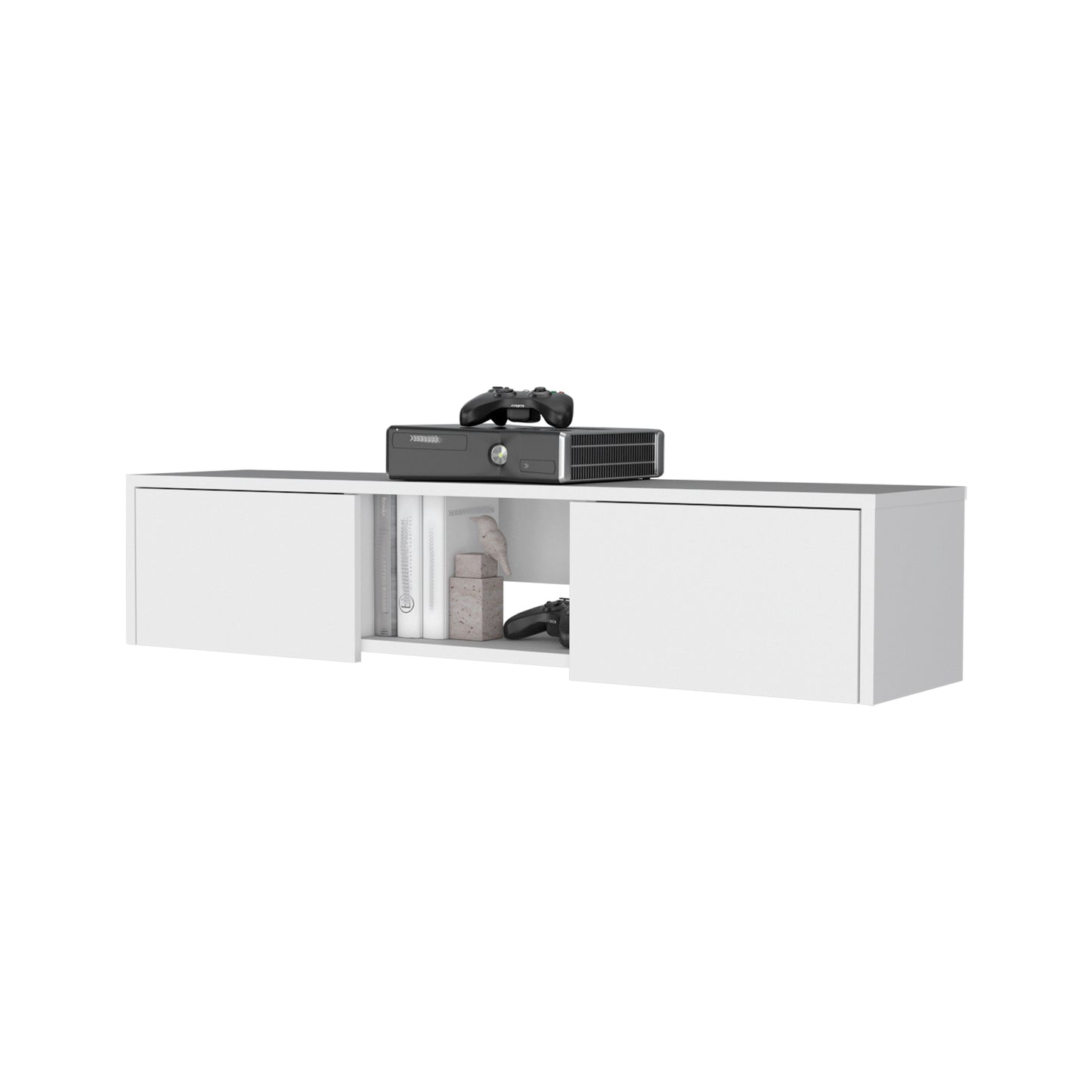 White floating media console with closed cabinets and open shelves for entertainment setup