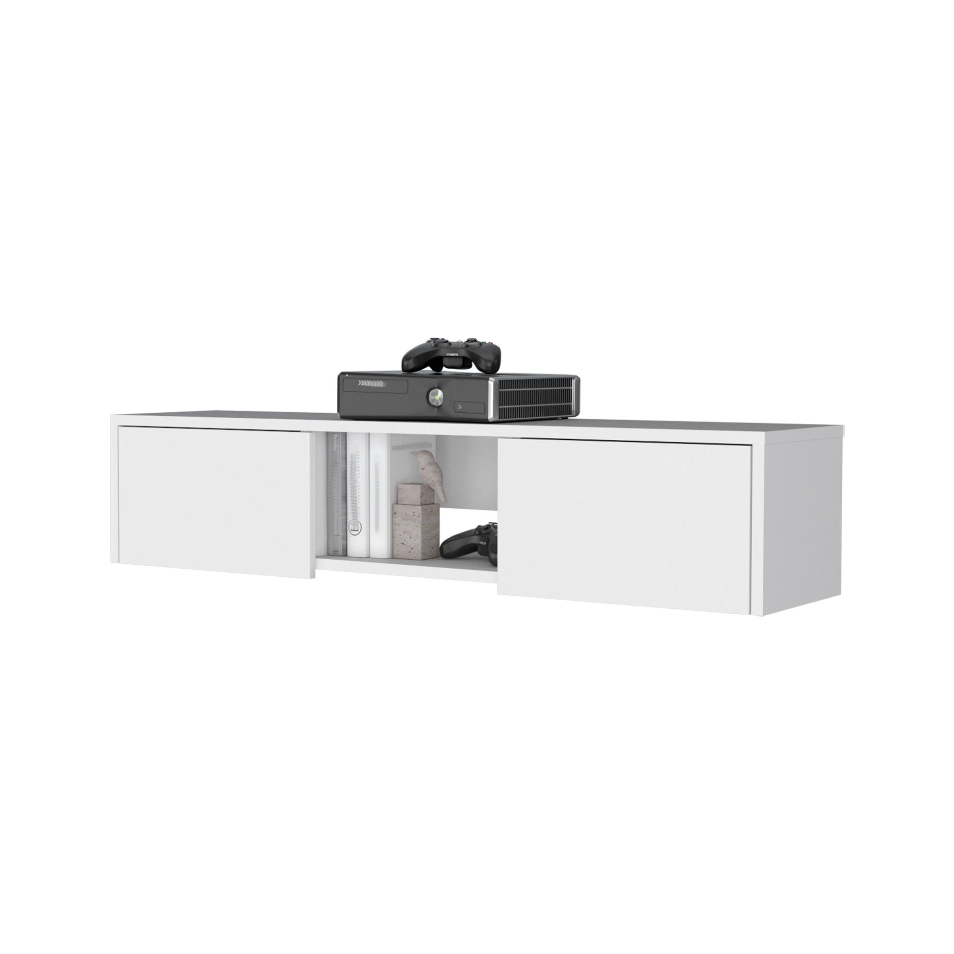 White floating media console with closed cabinets and open shelves for entertainment setup