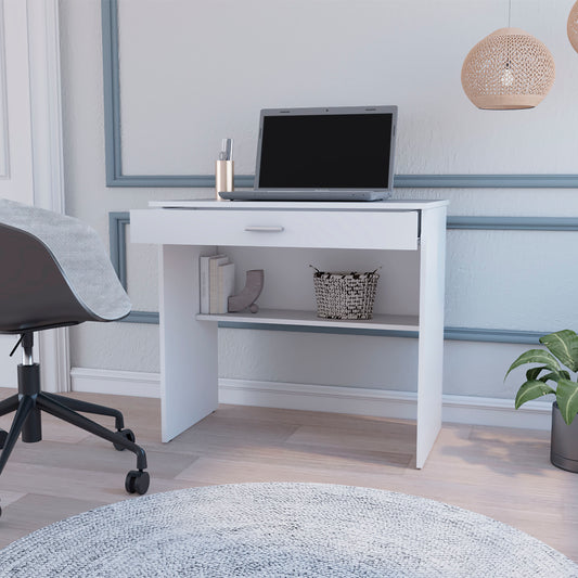 Sleek white minimalist desk with a drawer open shelf and a laptop for a modern home office