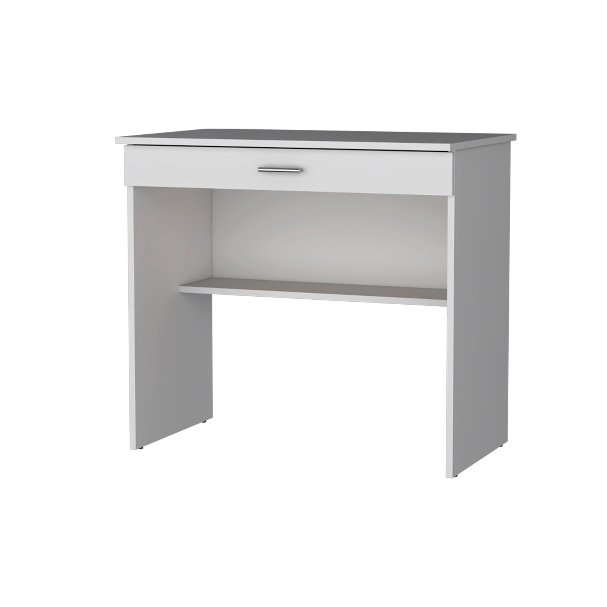Compact white desk with a single drawer and open shelf for small spaces