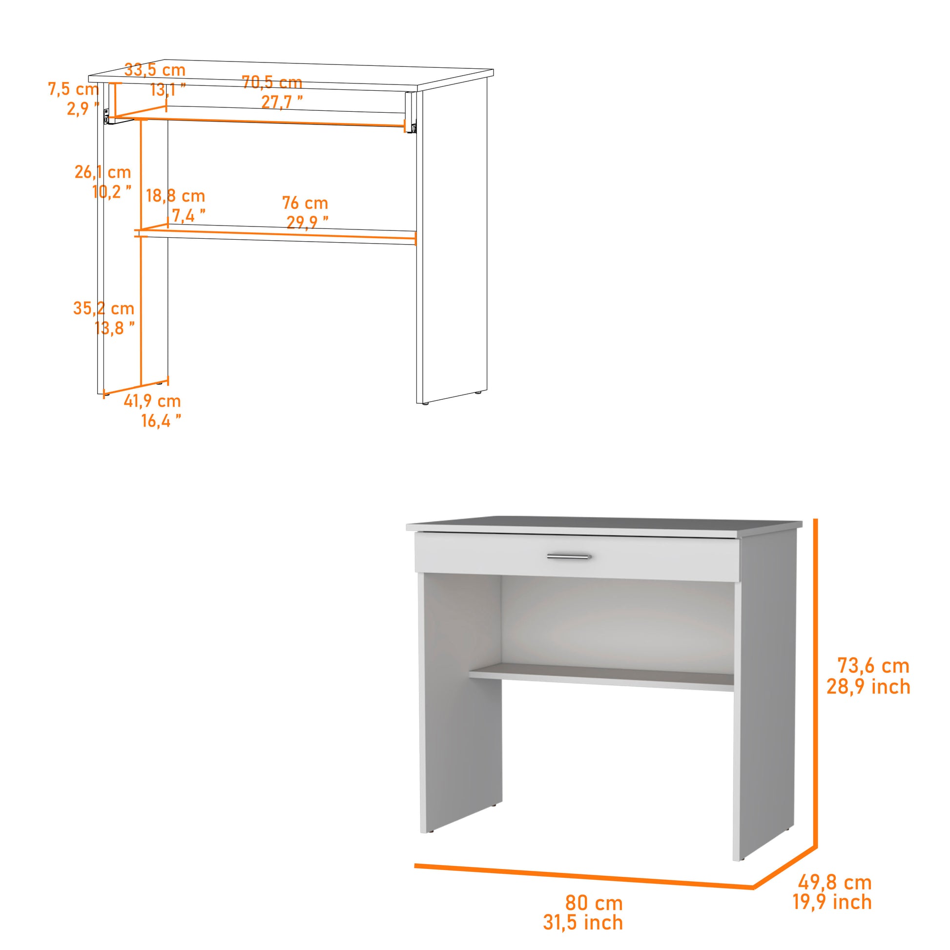 White modern desk with one drawer and open shelf dimensions shown in cm and inches