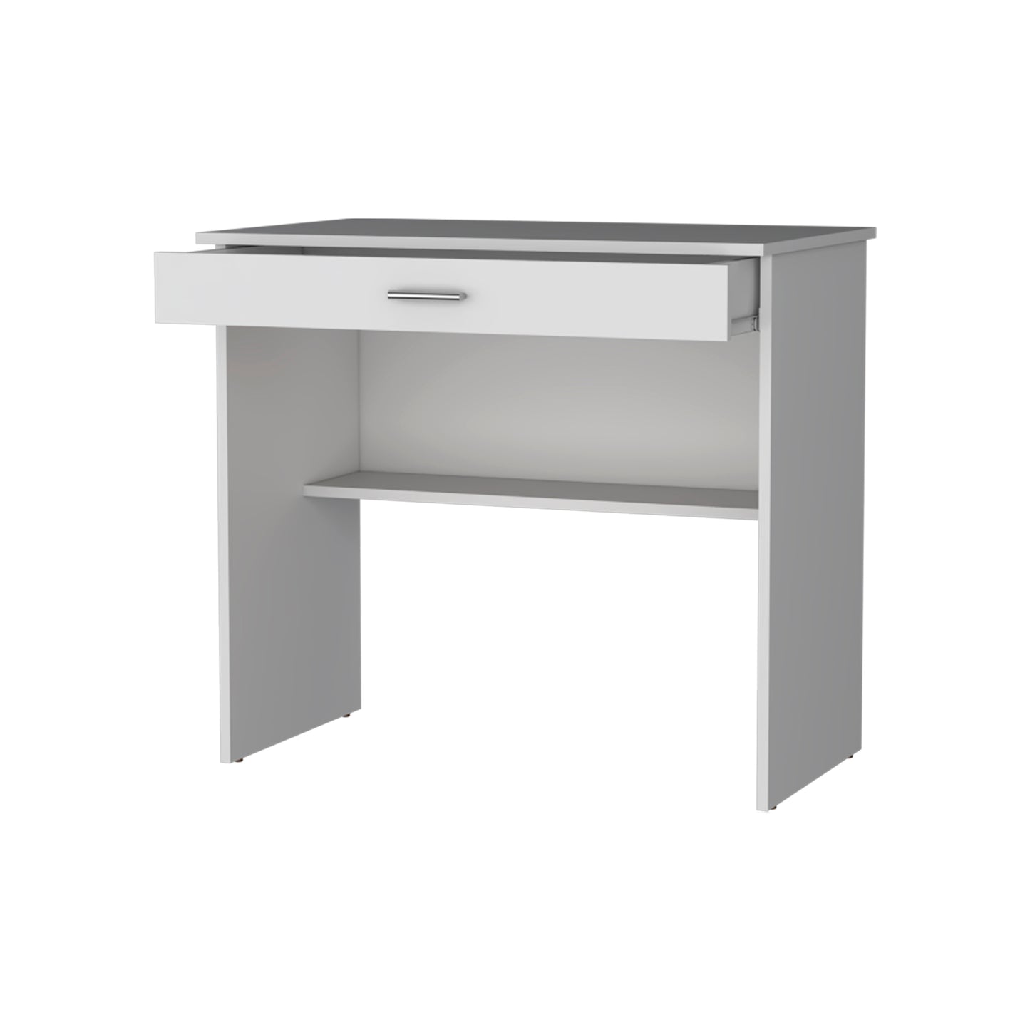 White minimalist desk with a single drawer and open shelf