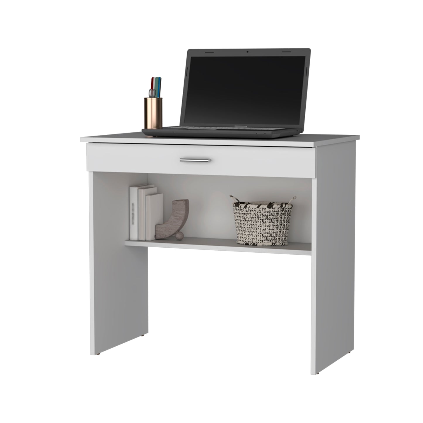 White minimalist desk with open shelf and drawer for home office setup