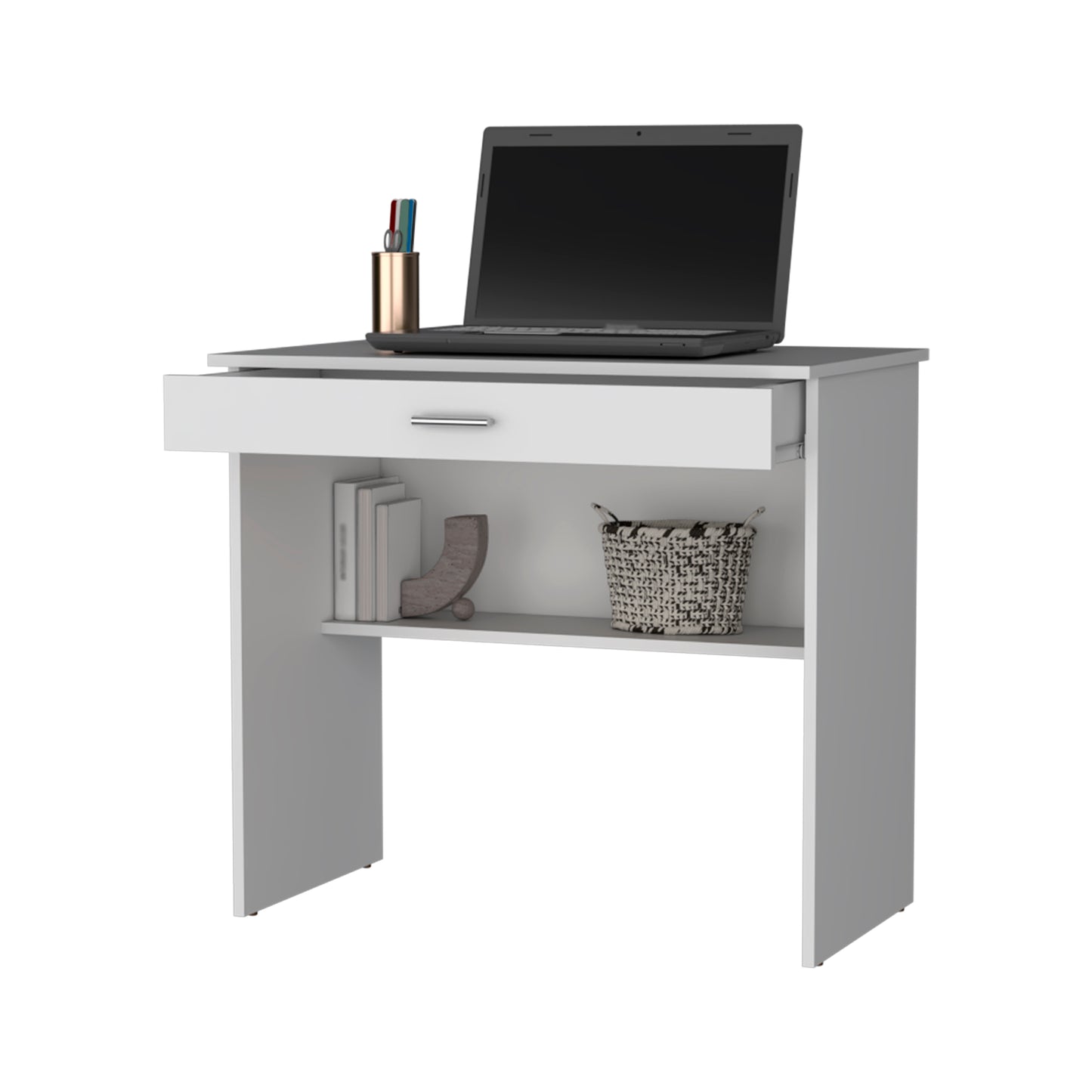 Compact white student desk with laptop open drawer and storage shelf