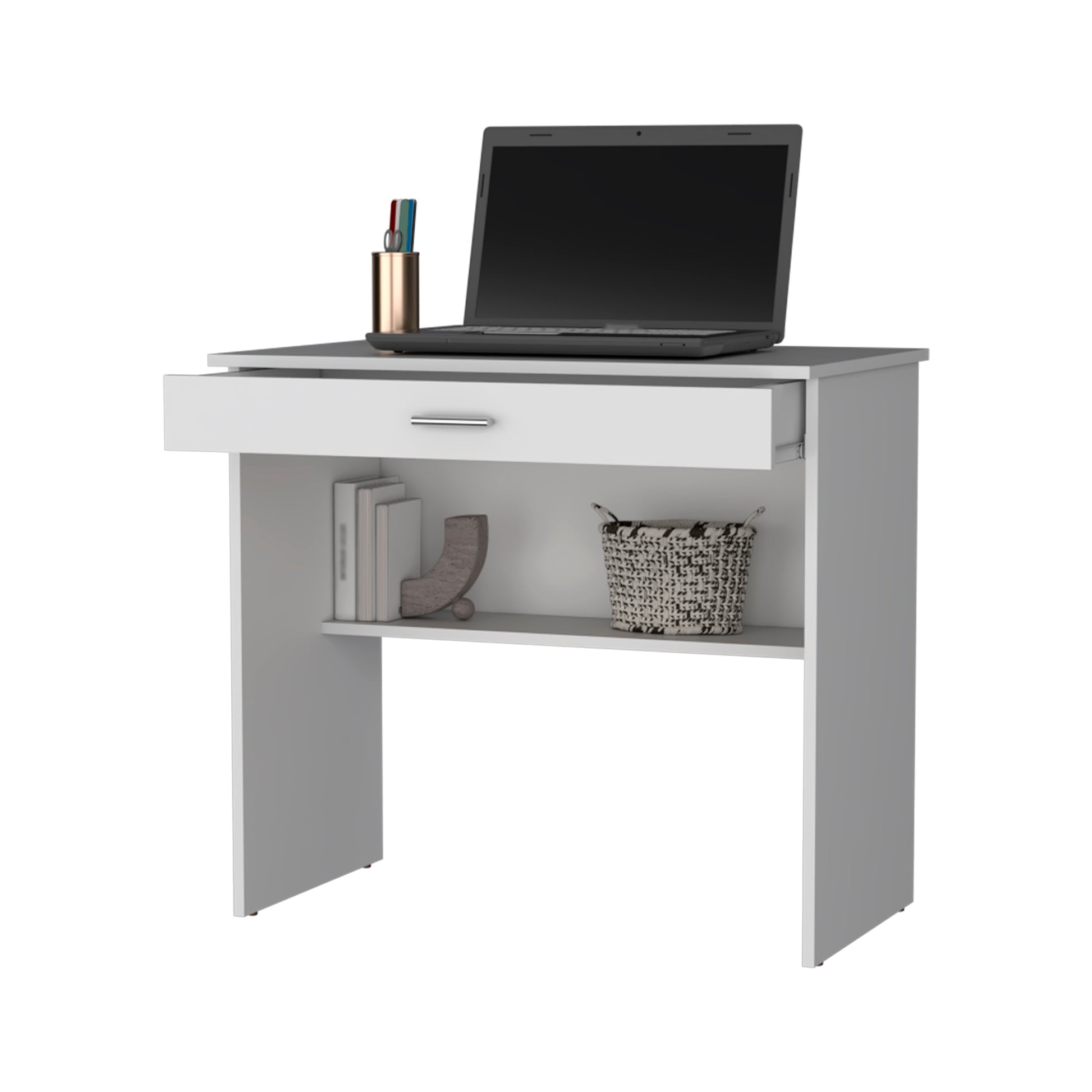 Compact white student desk with laptop open drawer and storage shelf