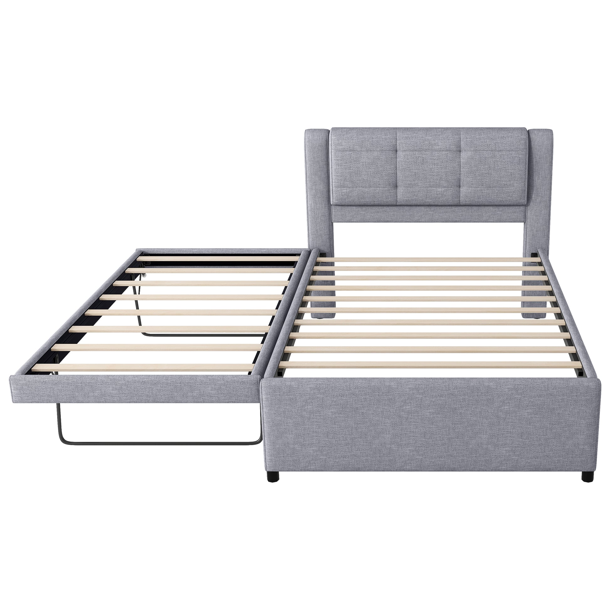 Gray fabric bed frame with pullout trundle and tufted headboard