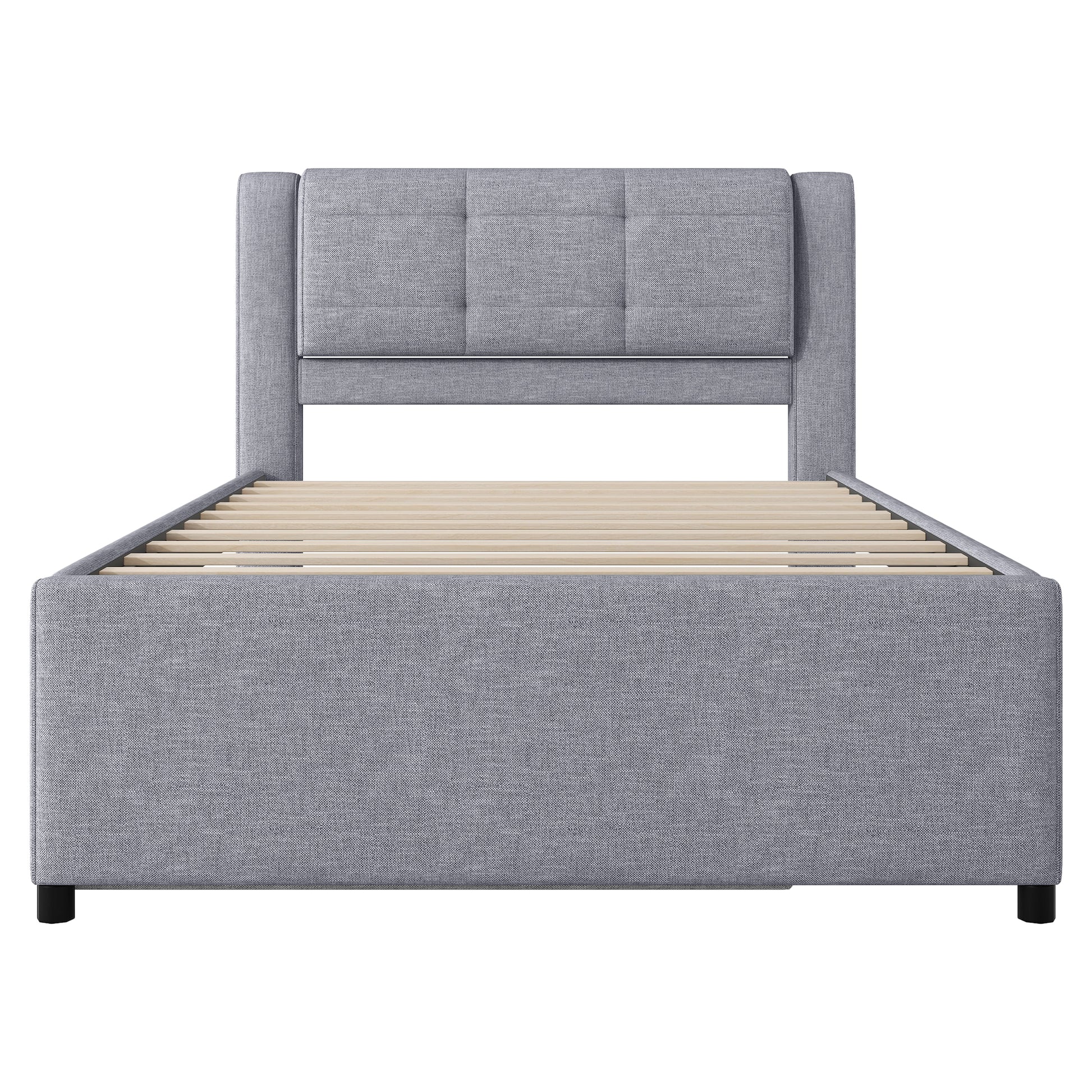 Modern grey upholstered twin bed frame with tufted headboard and wooden slats