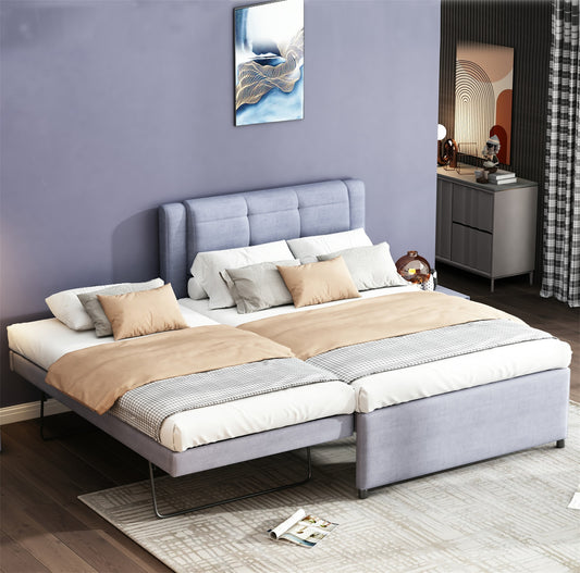 Light blue fabric daybed with pullout trundle perfect for guest rooms