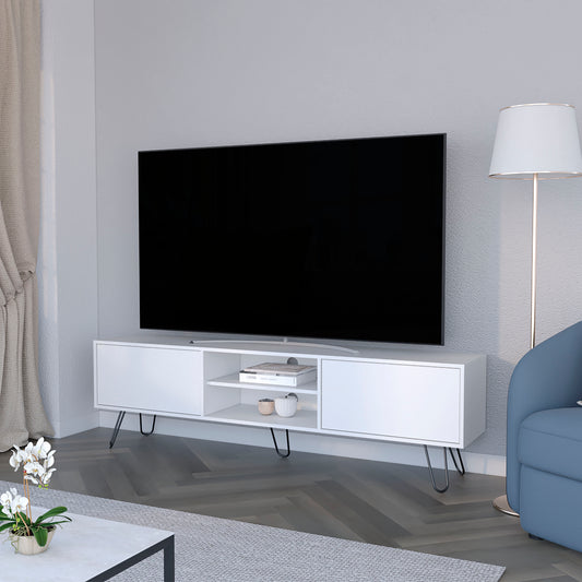 White modern media console with hairpin legs and open shelving