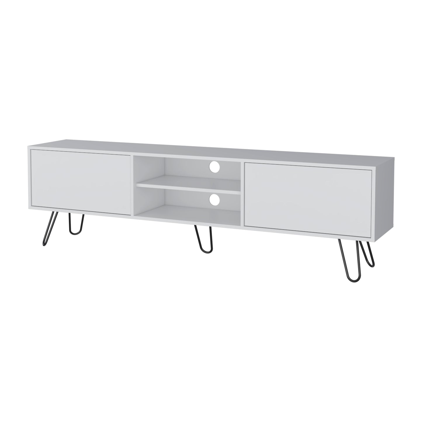White media console with black hairpin legs two doors and open shelving