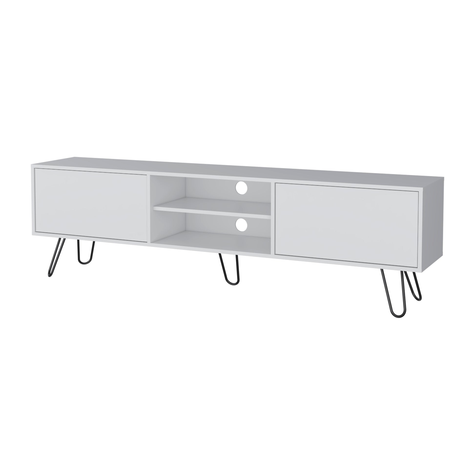 White media console with black hairpin legs two doors and open shelving