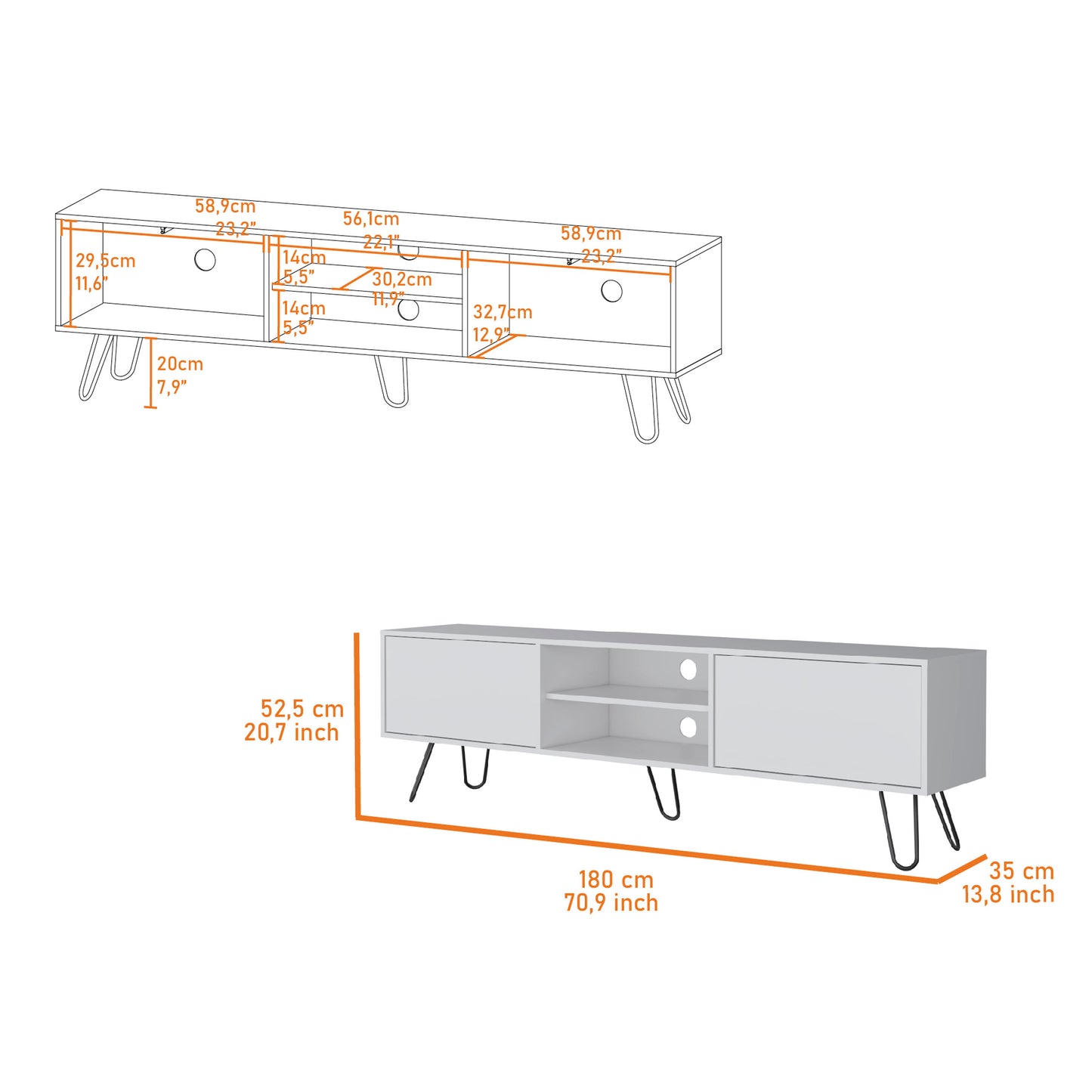 White media console with hairpin legs cm wide providing ample storage