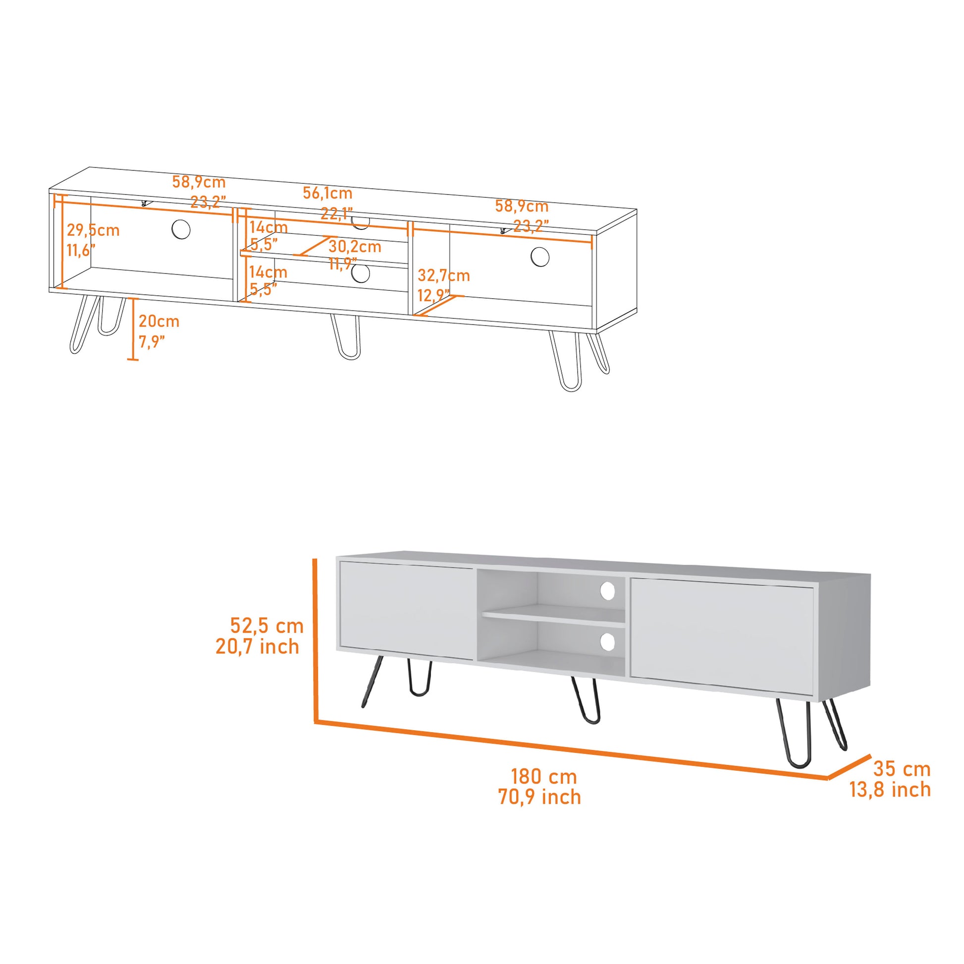 White media console with hairpin legs cm wide providing ample storage