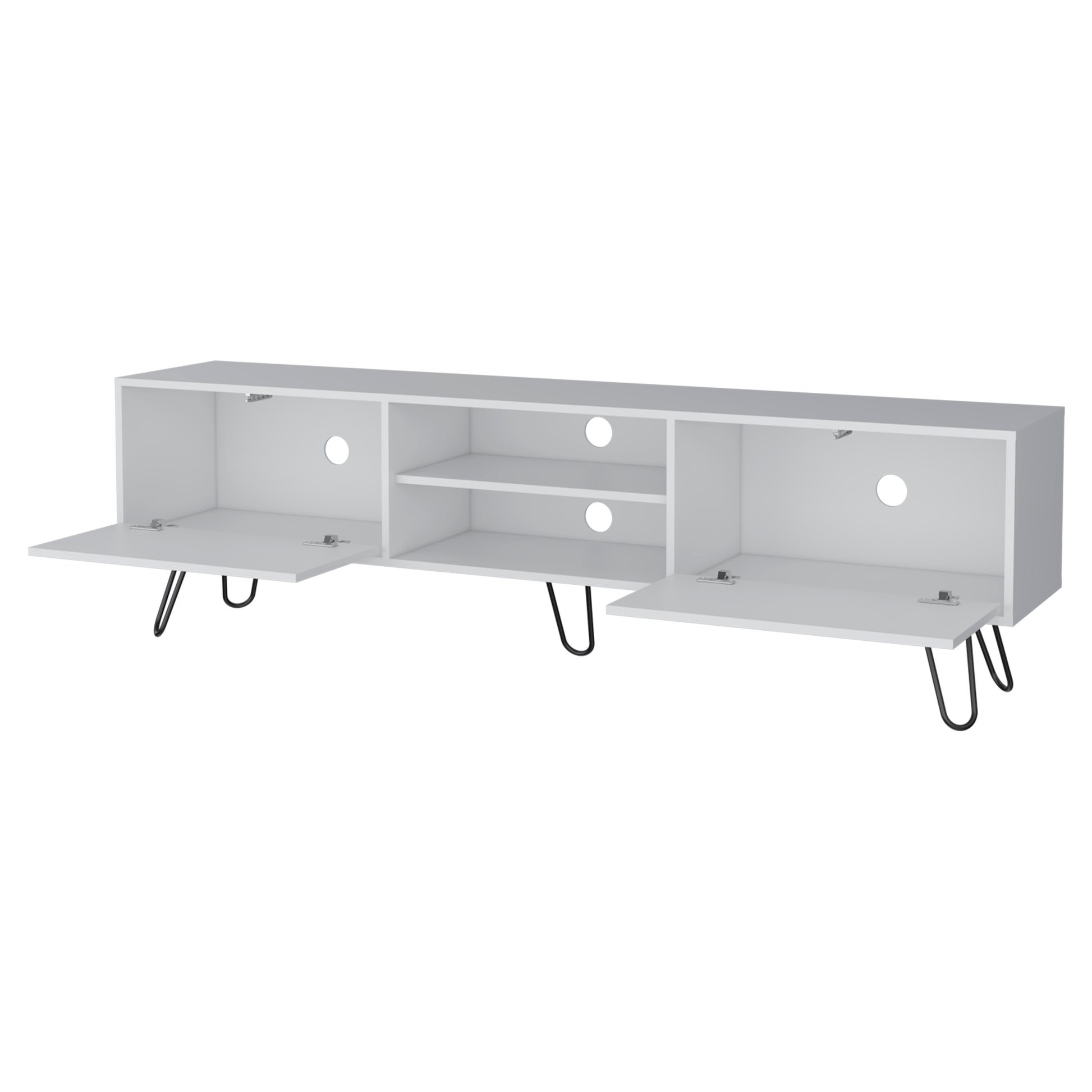 Modern white entertainment center with hairpin legs and open shelving cm
