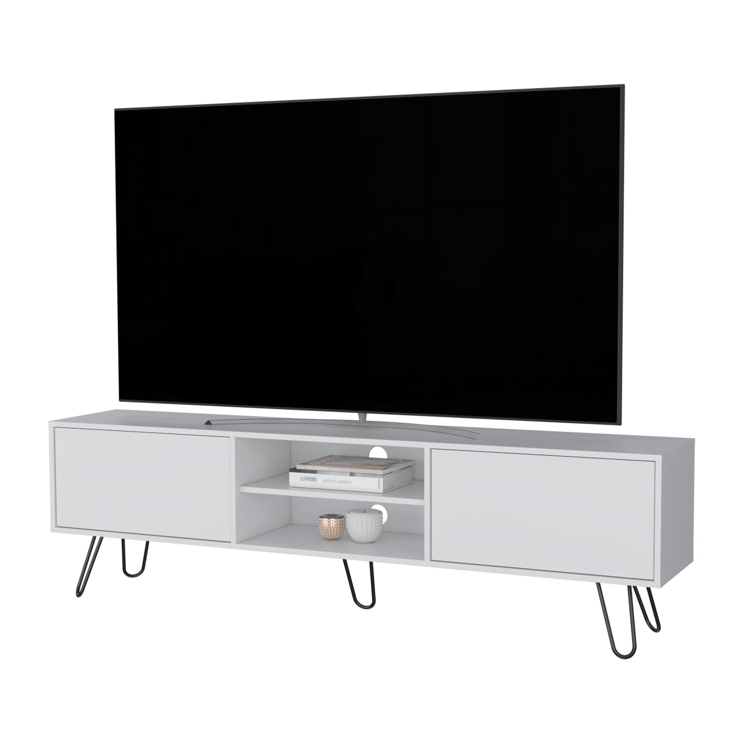 Modern white TV stand with hairpin legs featuring two cabinets and open shelves for media consoles