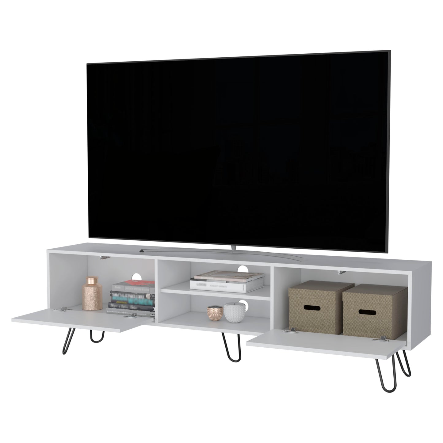 Modern white TV stand with open shelving and dual cabinet doors for media storage