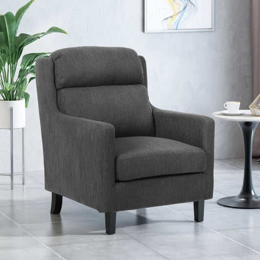 Dark gray upholstered armchair with plush cushioning and modern tapered legs perfect for living rooms