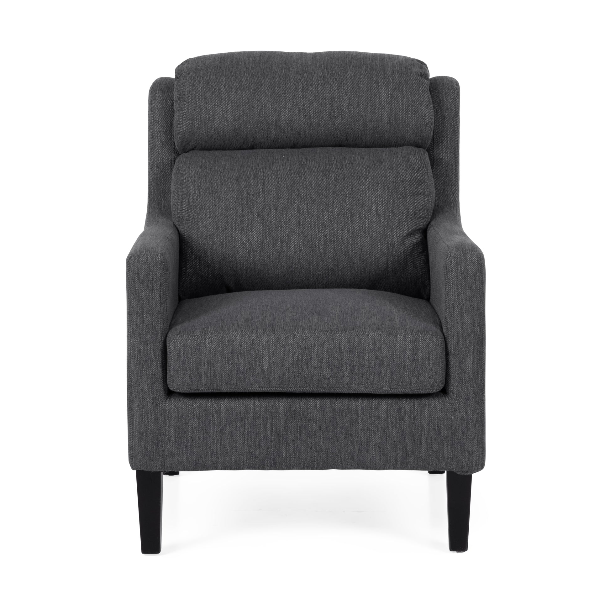 Modern charcoal grey fabric accent chair with supportive back and arms for living room