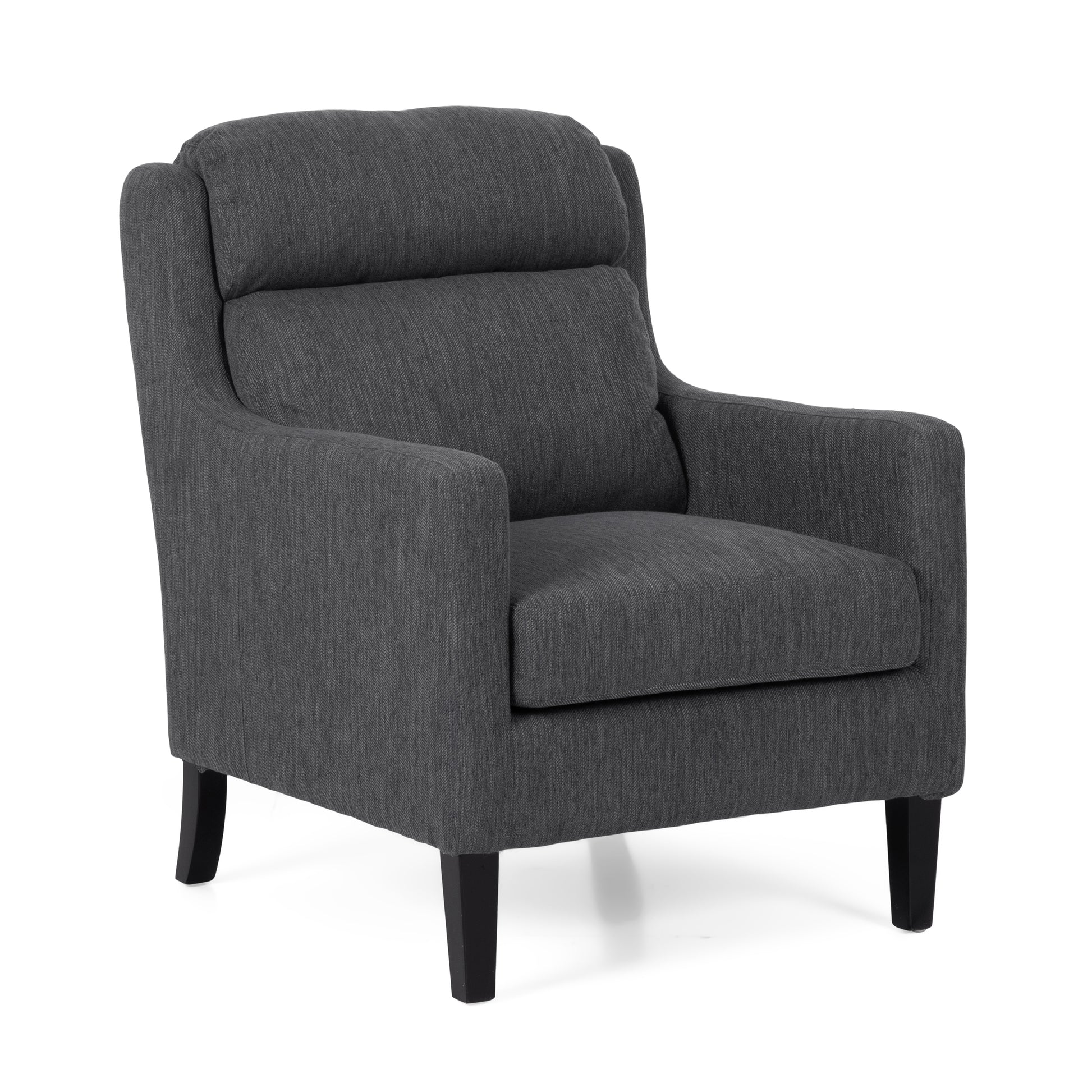 Dark grey fabric accent chair with winged back and plush seat cushion